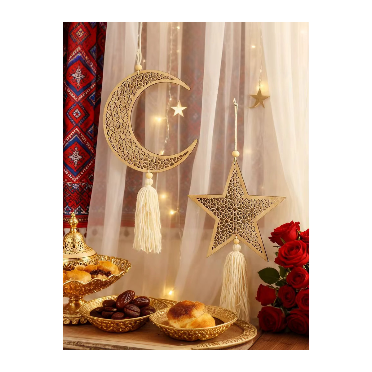 JETTING Ramadan Holz-Hängedekoration Mond und Sterne in Beige mit Quaste für Eid Mubarak und Ramadan Kareem - Bild 4
