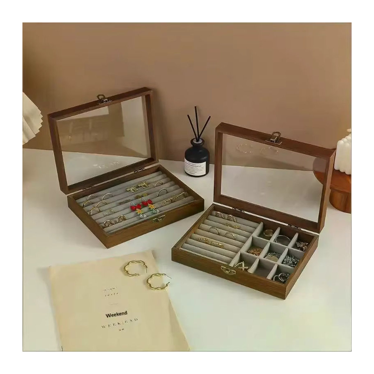 JETTING Schmuckbox aus Walnuss Holz in Braun mit Abdeckung als Staubdichter Organizer für Ringe, Ohrringe und Armbänder im Vintage-Design - Bild 2