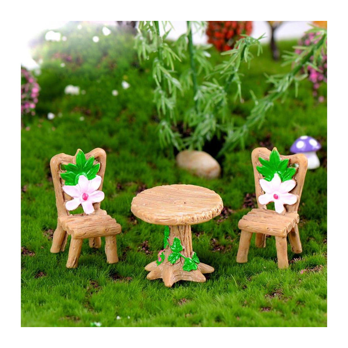 Jewelryheaven Miniatur Tisch und Stühle Set aus Kunstharz in Braun für Moos Mikrolandschaft und DIY Dekoration - Bild 4