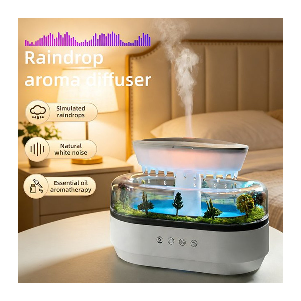 JFBONIN Regentropfen-Aroma-Diffusor mit weißem Rauschen und 7-farbiger Atmosphärenbeleuchtung, Ultraschall-Luftbefeuchter in Weiß für Entspannung und Schlaf - Bild 1