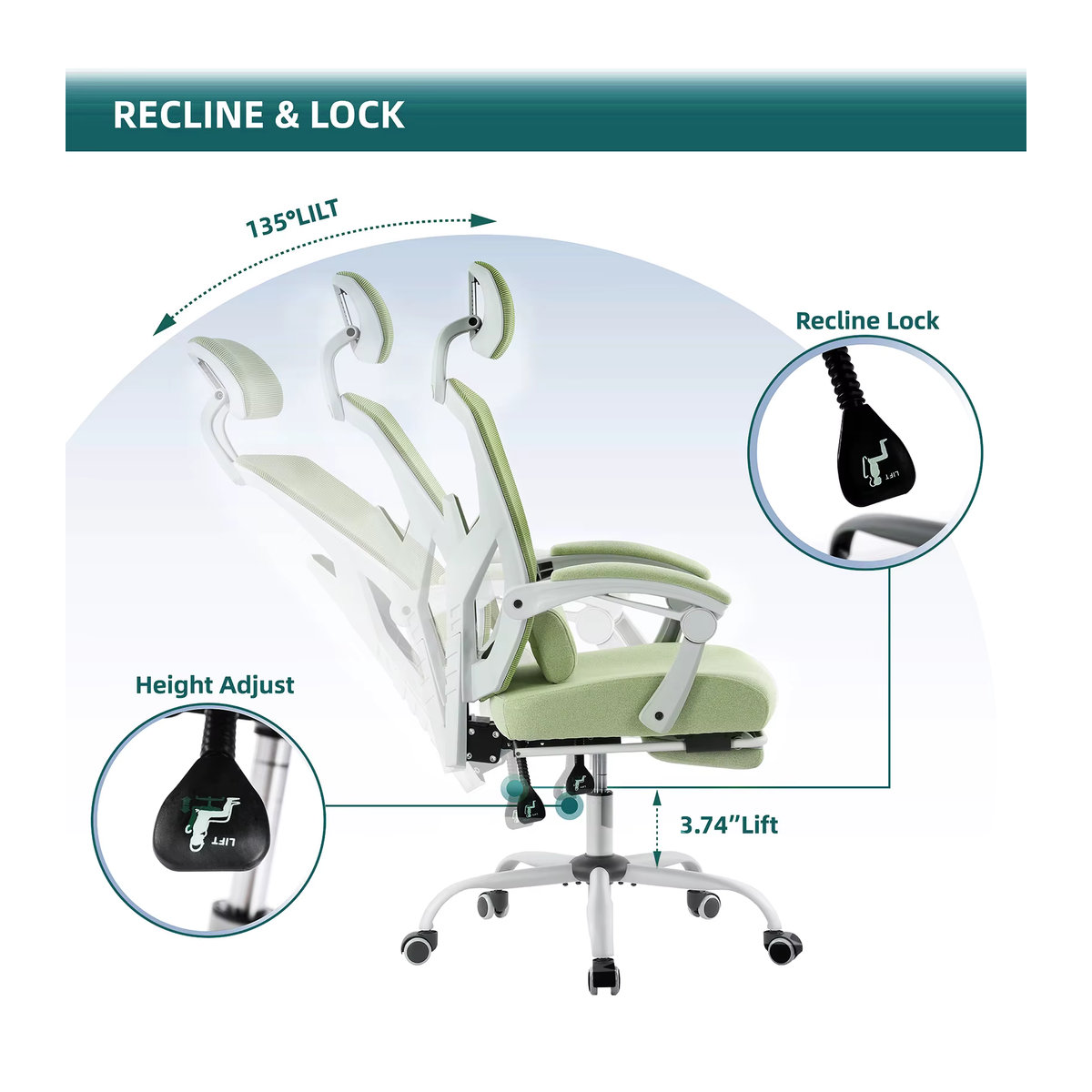 JHK Ergonomischer Gaming-Stuhl aus Mesh mit hoher Rückenlehne und Lendenwirbelstütze, verstellbar und drehbar, Schwarz-Grün - Bild 5