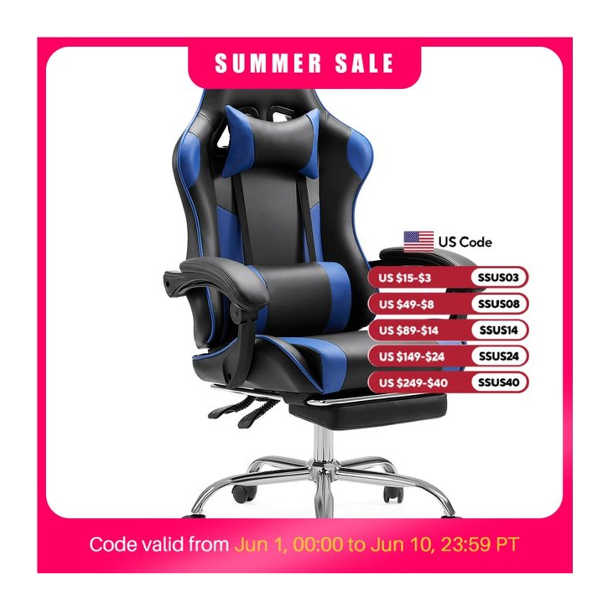 JHK Ergonomischer Racing-Gaming-Stuhl aus Kunstleder mit Kopfstütze und Lordosenstütze in Rosa oder Blau - Bild 1