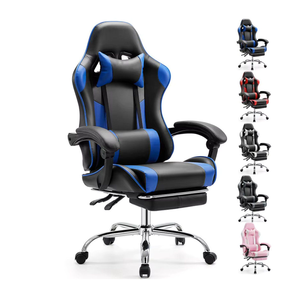 JHK Ergonomischer Racing-Gaming-Stuhl aus Kunstleder mit Kopfstütze und Lordosenstütze in Rosa oder Blau - Bild 2