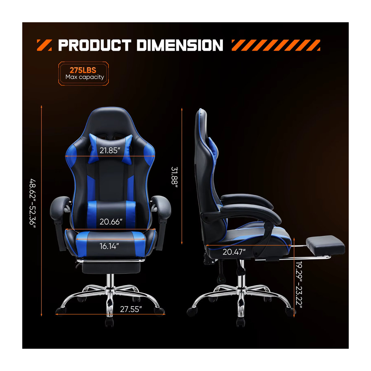 JHK Ergonomischer Racing-Gaming-Stuhl aus Kunstleder mit Kopfstütze und Lordosenstütze in Rosa oder Blau - Bild 4