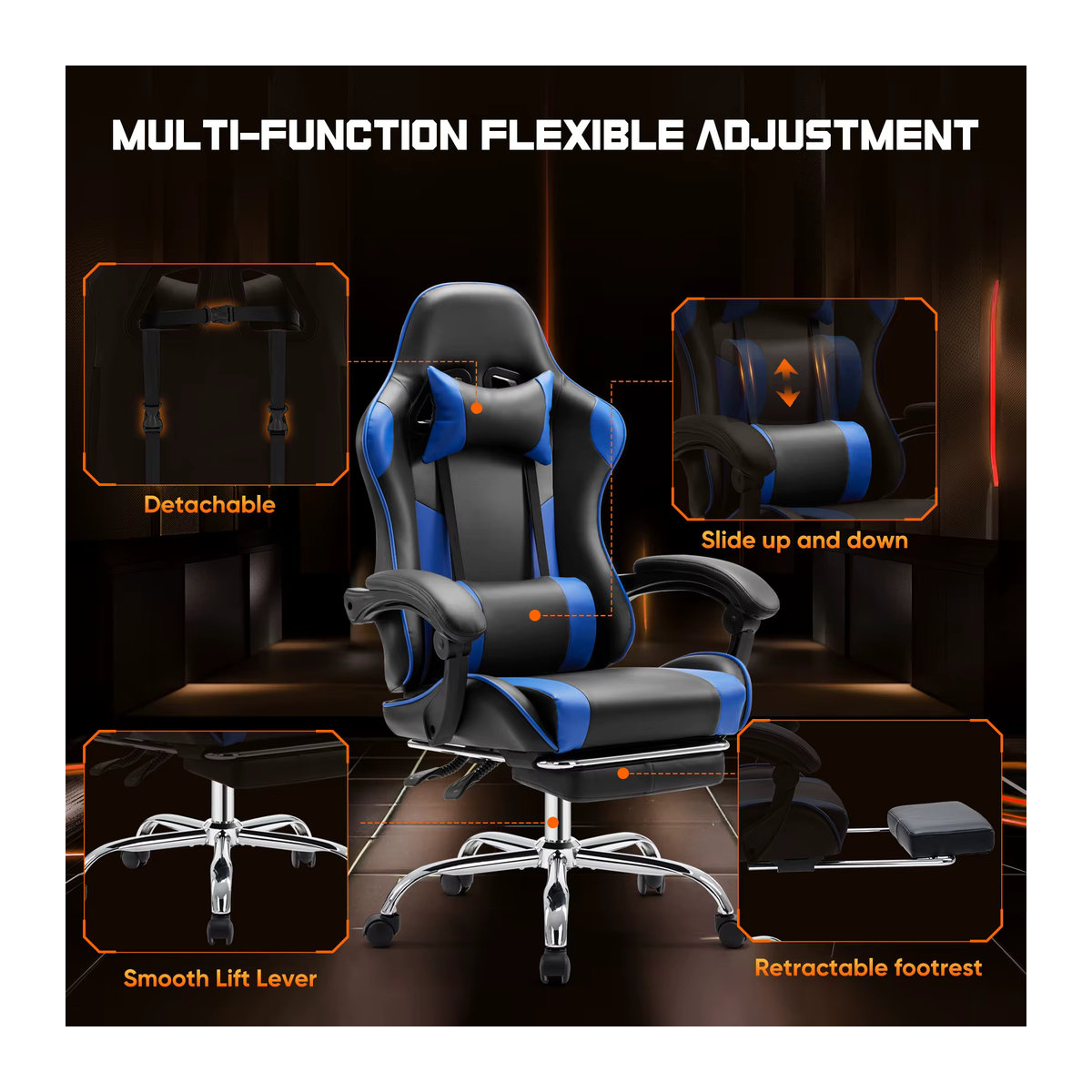 JHK Ergonomischer Racing-Gaming-Stuhl aus Kunstleder mit Kopfstütze und Lordosenstütze in Rosa oder Blau - Bild 5