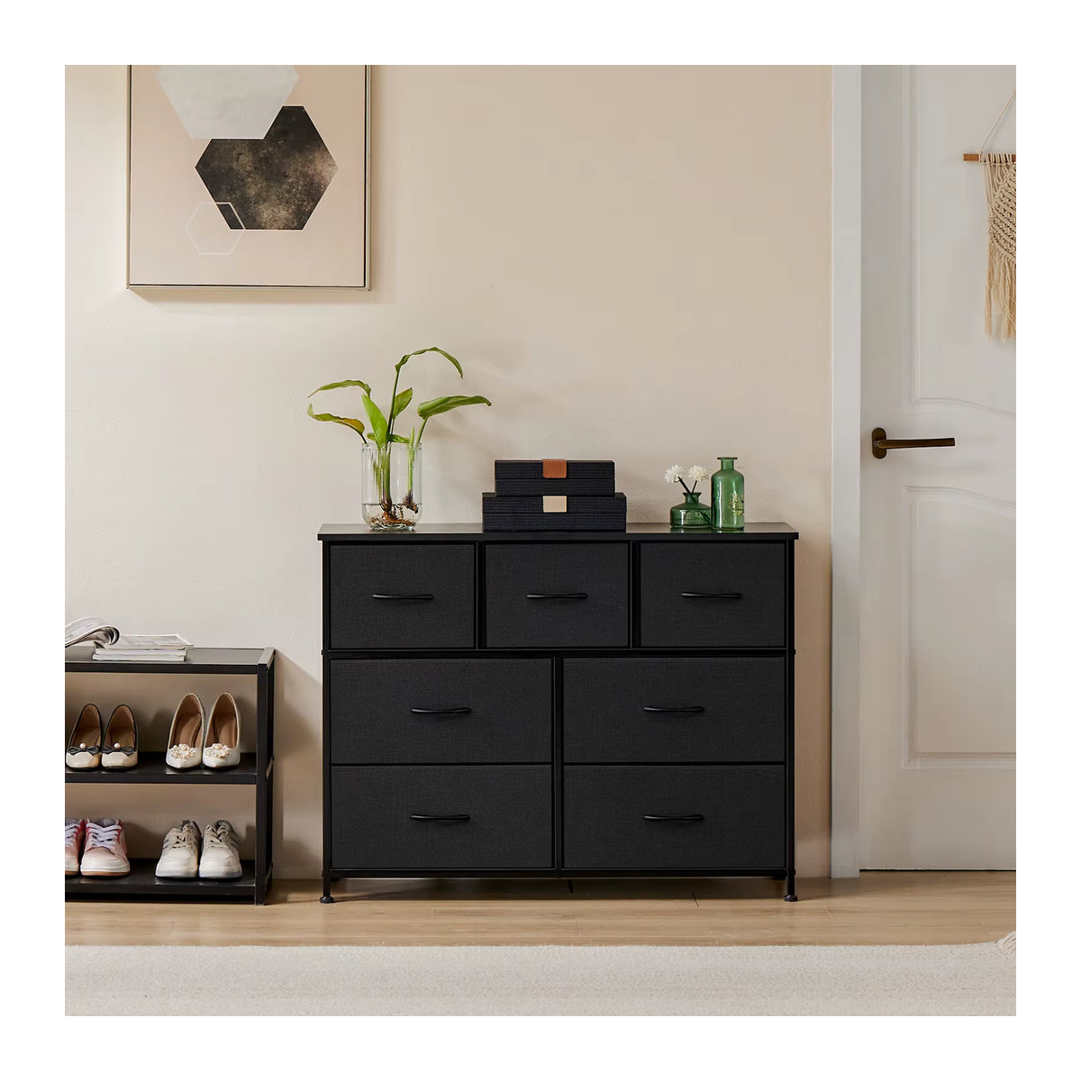 JHK Wäschekommode mit 7 Stoffschubladen in Grau und Schwarz, minimalistischer Aufbewahrungsschrank aus Metall für Schlafzimmer und Wohnzimmer - Bild 1