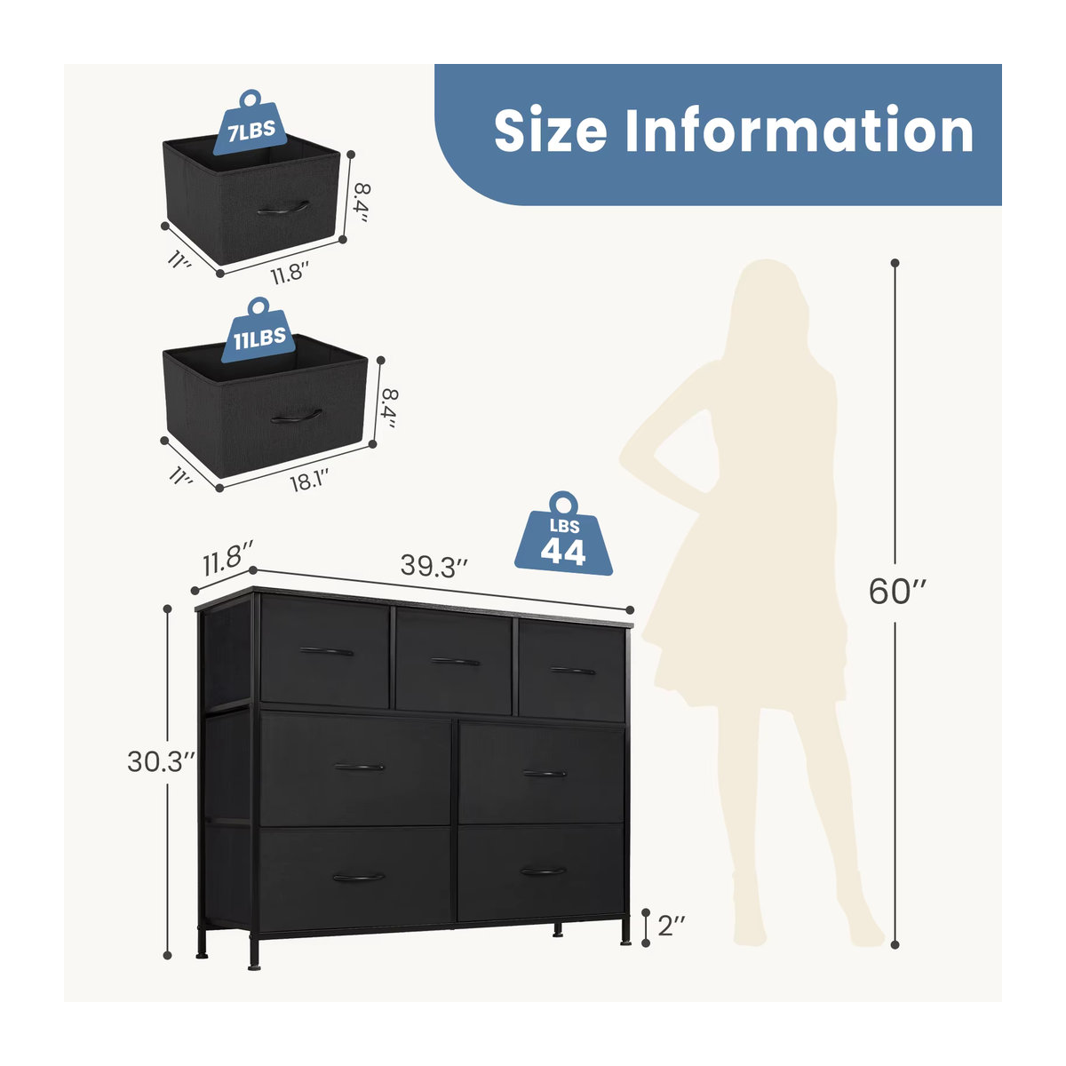 JHK Wäschekommode mit 7 Stoffschubladen in Grau und Schwarz, minimalistischer Aufbewahrungsschrank aus Metall für Schlafzimmer und Wohnzimmer - Bild 2