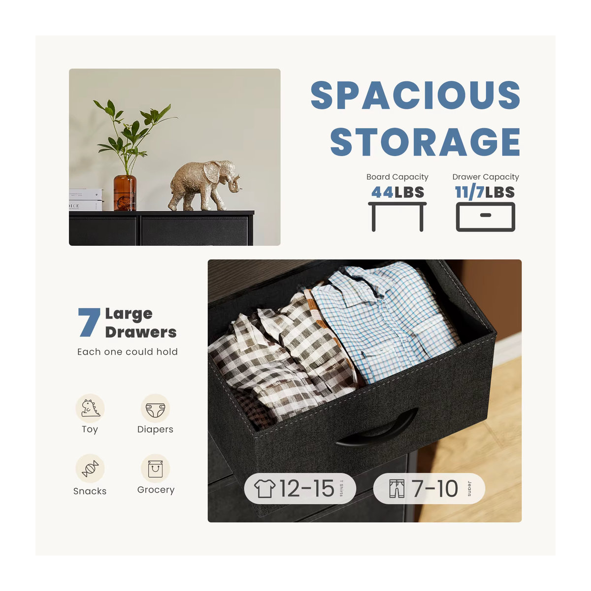 JHK Wäschekommode mit 7 Stoffschubladen in Grau und Schwarz, minimalistischer Aufbewahrungsschrank aus Metall für Schlafzimmer und Wohnzimmer - Bild 3