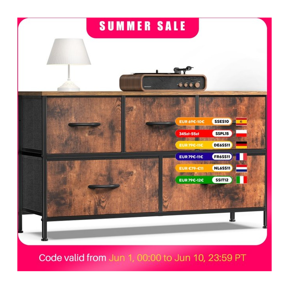 JHK Wohnzimmer-Vitrine im Industrial Design mit 5 Stoffschubladen und Stahlrahmen, Kommode in Braun und Creme - Bild 1