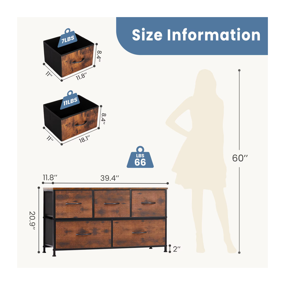 JHK Wohnzimmer-Vitrine im Industrial Design mit 5 Stoffschubladen und Stahlrahmen, Kommode in Braun und Creme - Bild 5