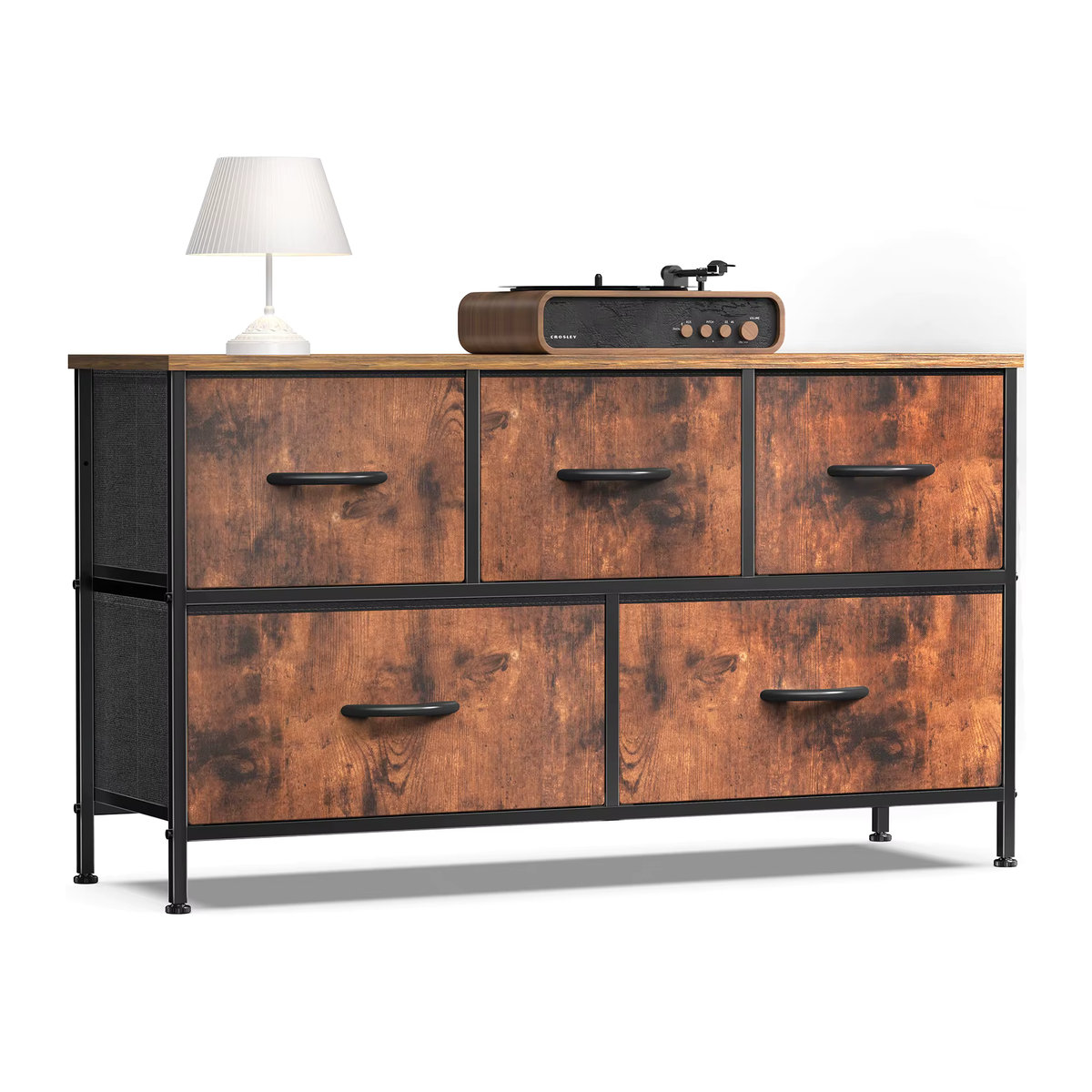 JHK Wohnzimmer-Vitrine im Industrial Design mit 5 Stoffschubladen und Stahlrahmen, Kommode in Braun und Creme - Bild 7