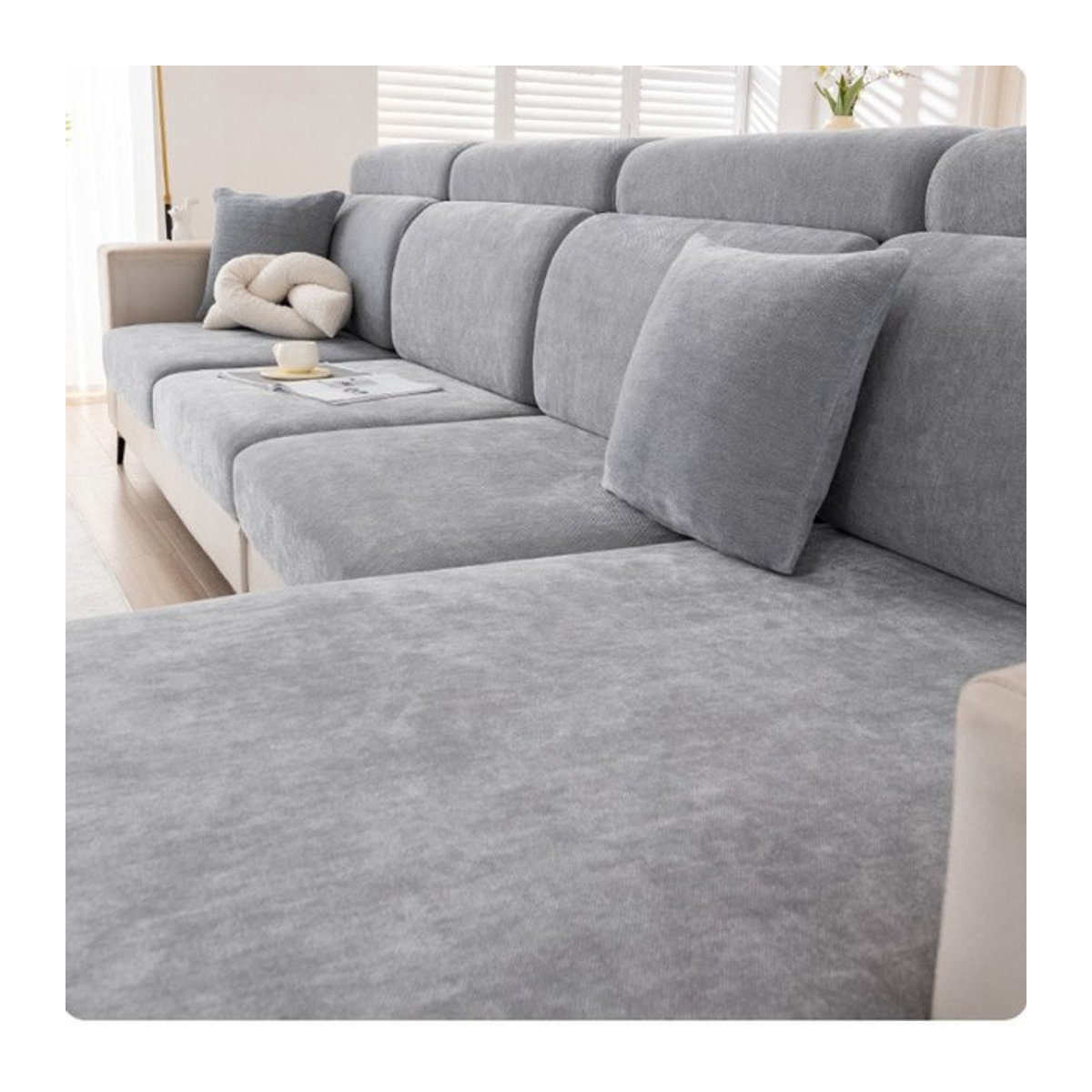 JHWarmo Universeller elastischer Sofabezug aus Chenille mit Kopfstütze und voller Rückenlehne in Beige und Grau - Bild 1