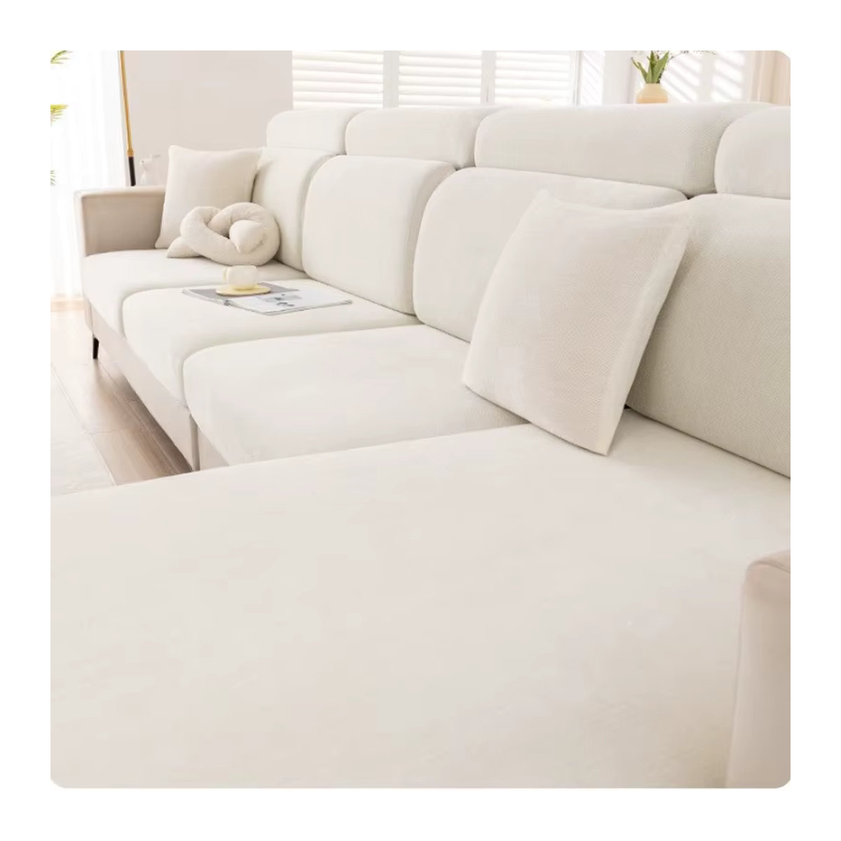 JHWarmo Universeller elastischer Sofabezug aus Chenille mit Kopfstütze und voller Rückenlehne in Beige und Grau - Bild 3