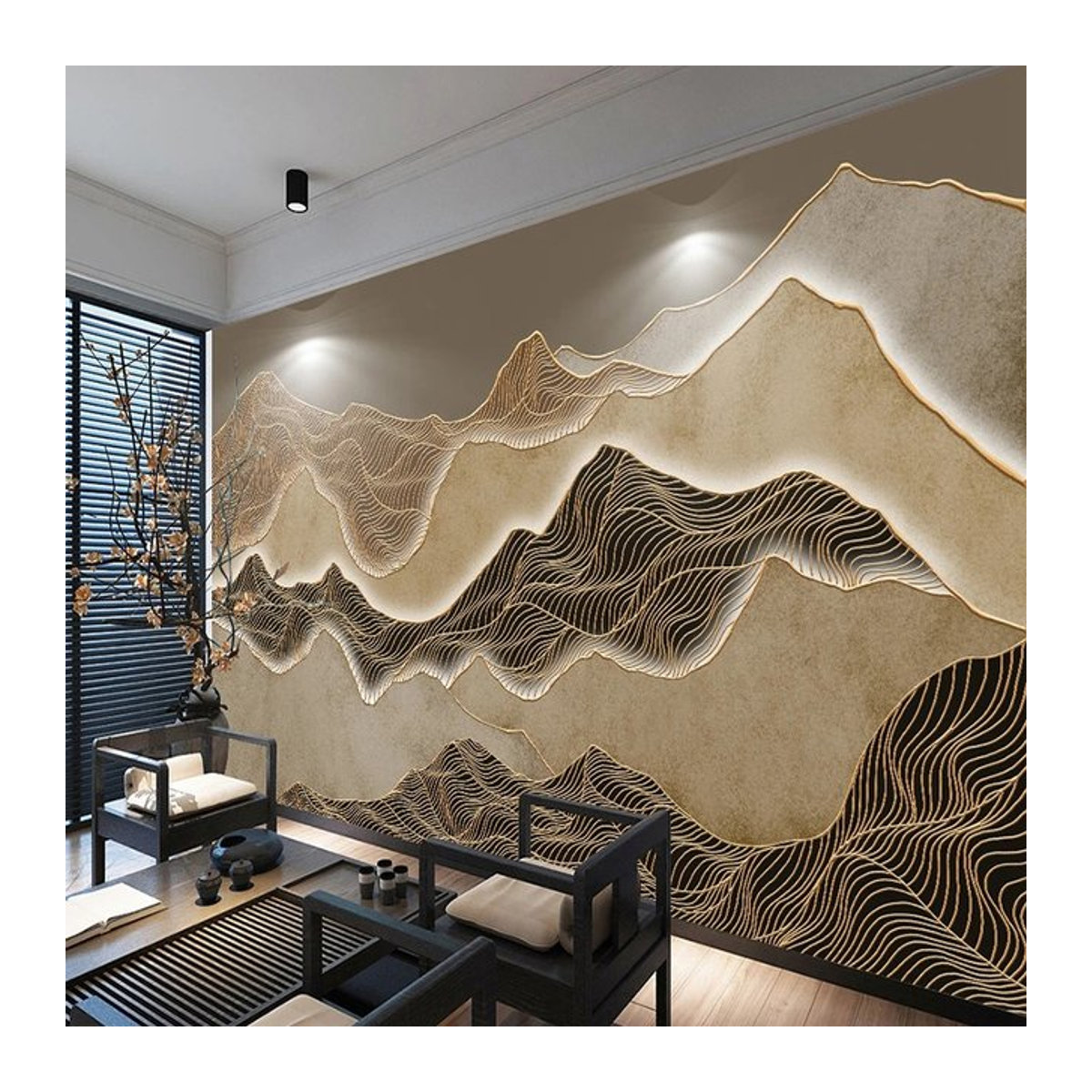 Jiadou Wandbild im chinesischen Stil mit abstrakter Landschaft und Gold-Linien auf wasserfestem Canvas in Beige und Gold - Bild 1