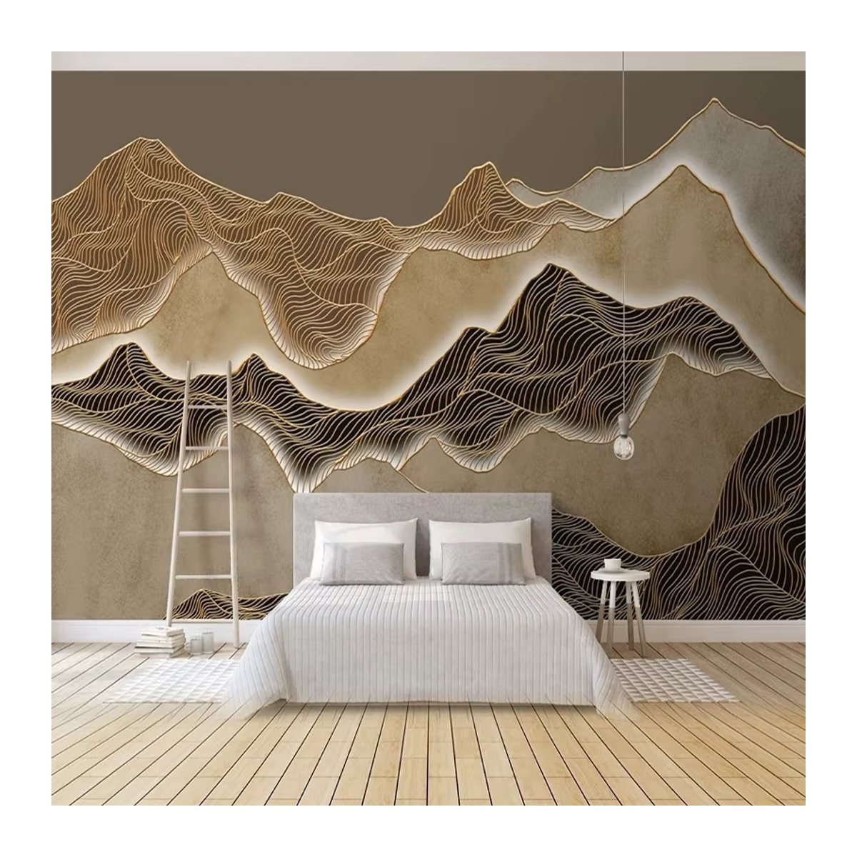 Jiadou Wandbild im chinesischen Stil mit abstrakter Landschaft und Gold-Linien auf wasserfestem Canvas in Beige und Gold - Bild 2