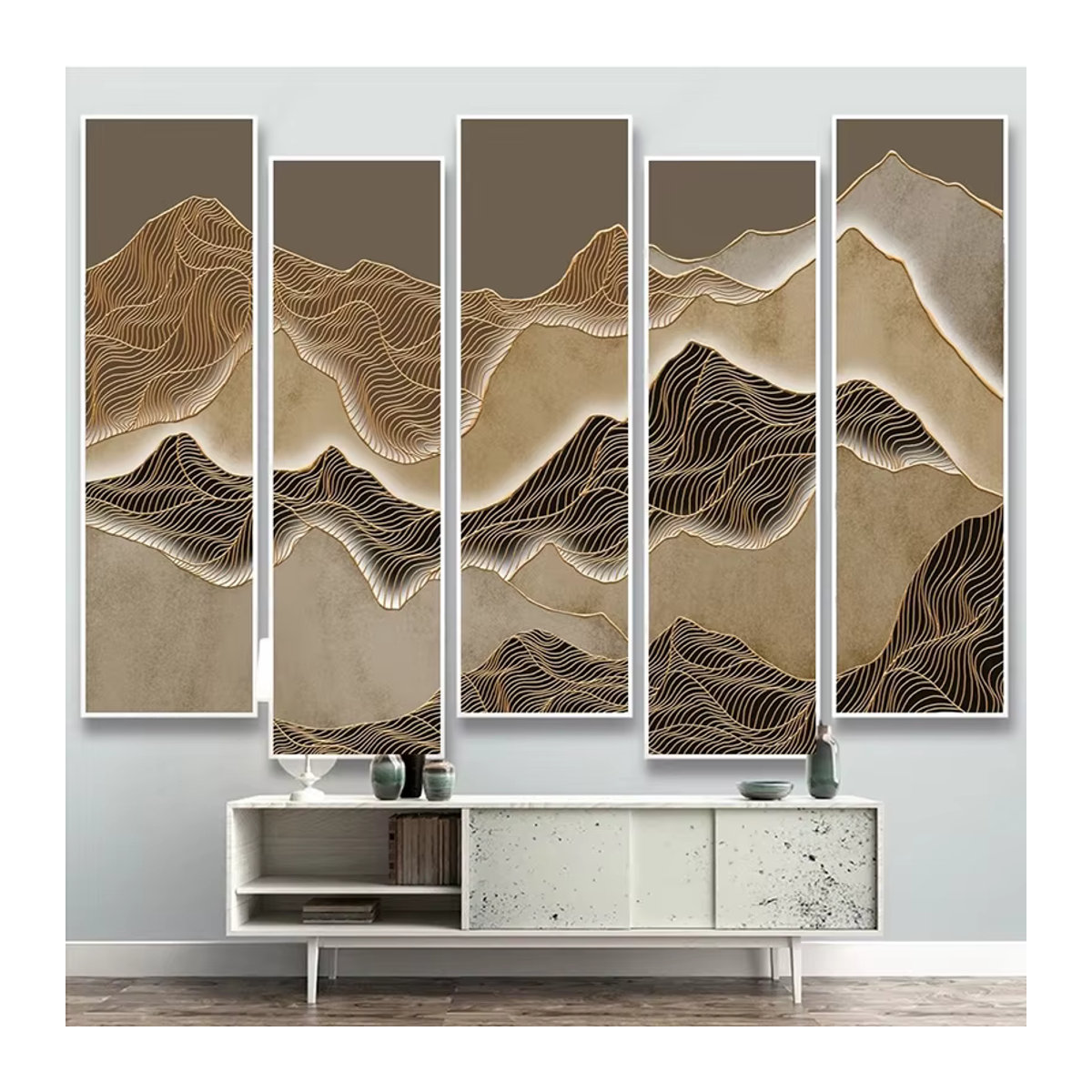 Jiadou Wandbild im chinesischen Stil mit abstrakter Landschaft und Gold-Linien auf wasserfestem Canvas in Beige und Gold - Bild 3