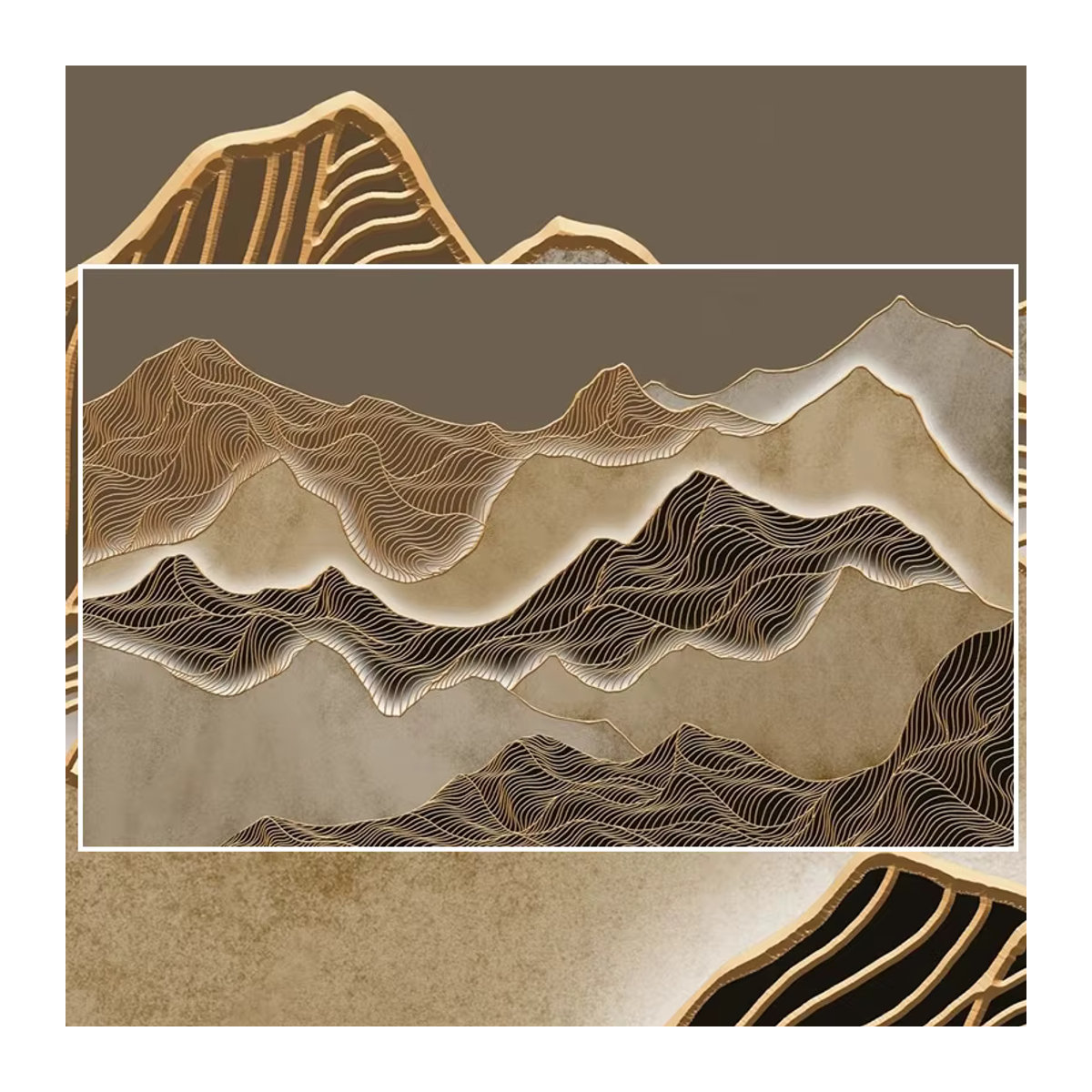 Jiadou Wandbild im chinesischen Stil mit abstrakter Landschaft und Gold-Linien auf wasserfestem Canvas in Beige und Gold - Bild 4