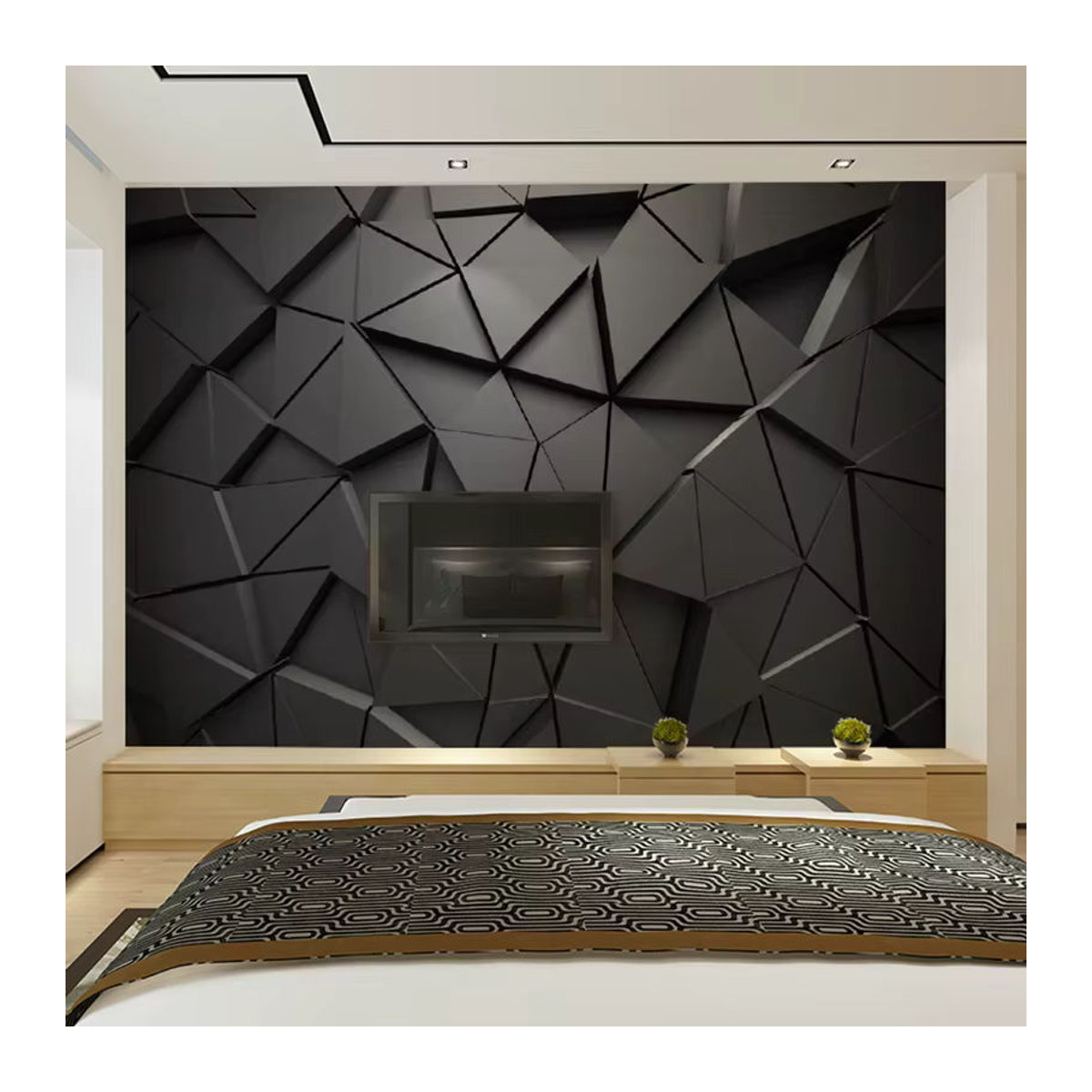 Jiadou Wandbild mit modernem 3D-Geometrie-Design in Grau, abstraktes Dreieck-Motiv als Textil-Wanddeko im Querformat und ohne Rahmen - Bild 3