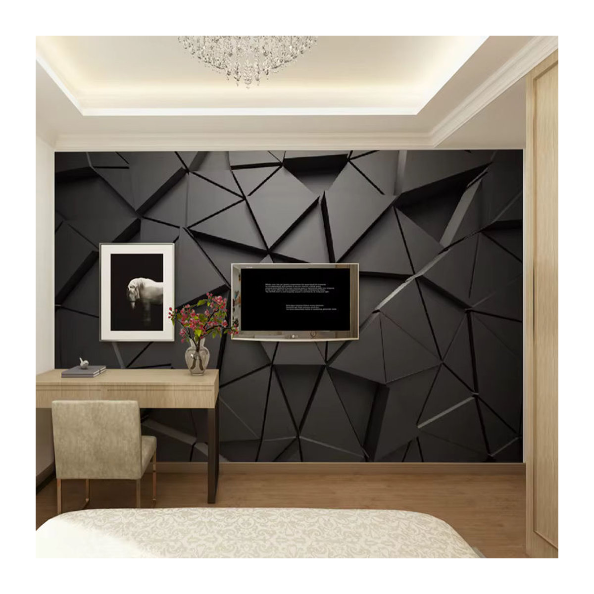 Jiadou Wandbild mit modernem 3D-Geometrie-Design in Grau, abstraktes Dreieck-Motiv als Textil-Wanddeko im Querformat und ohne Rahmen - Bild 4