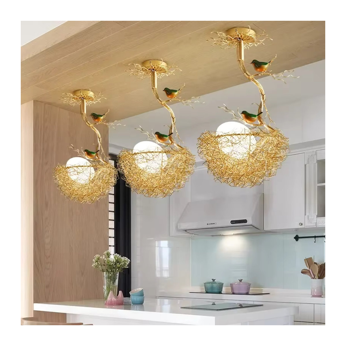 JIANKEXING Cottagecore Vogelnest Kronleuchter aus Metall in Braun mit LED-Beleuchtung für Wohnzimmer, Küche und Loft im Landhaus- und Bohemian-Stil - Bild 2