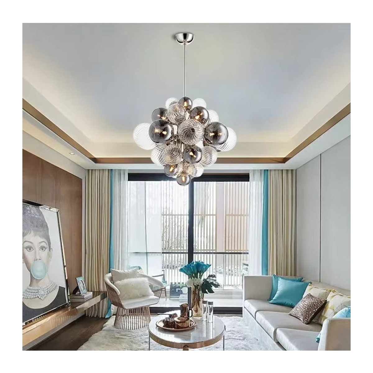 JIANKEXING Glas-Bubble-Ball-Kronleuchter in Rauchgrau im skandinavischen Design für Wohnzimmer und Esszimmer - Bild 5