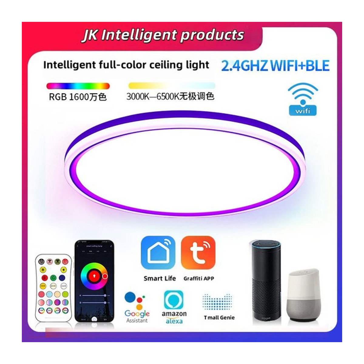 JIANKEXING Intelligente LED Deckenleuchte kreisförmig mit RGBW, WLAN und Bluetooth, dimmbar, Bunt, Modern - Bild 1