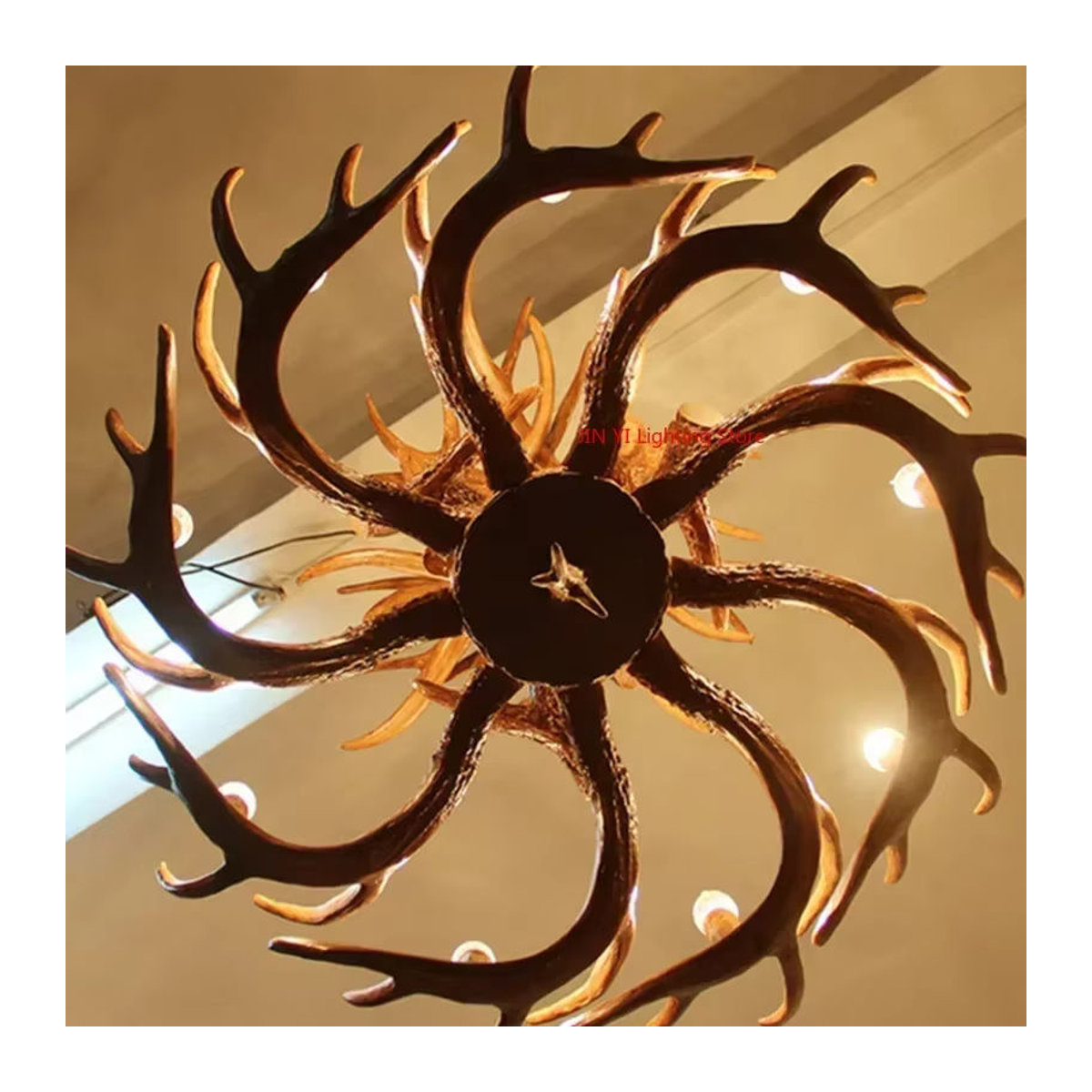 JIANKEXING LED Pendelleuchte im Retro Landhausstil mit Hirschhorn-Design in Braun - Bild 3