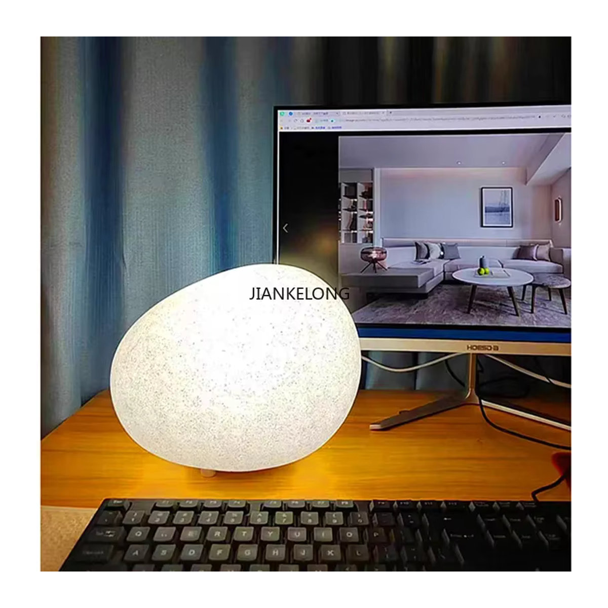 JIANKEXING LED Tischlampe in Weiß im modernen minimalistischen Design mit Kieselstein-Form aus Mineralguss - Bild 3