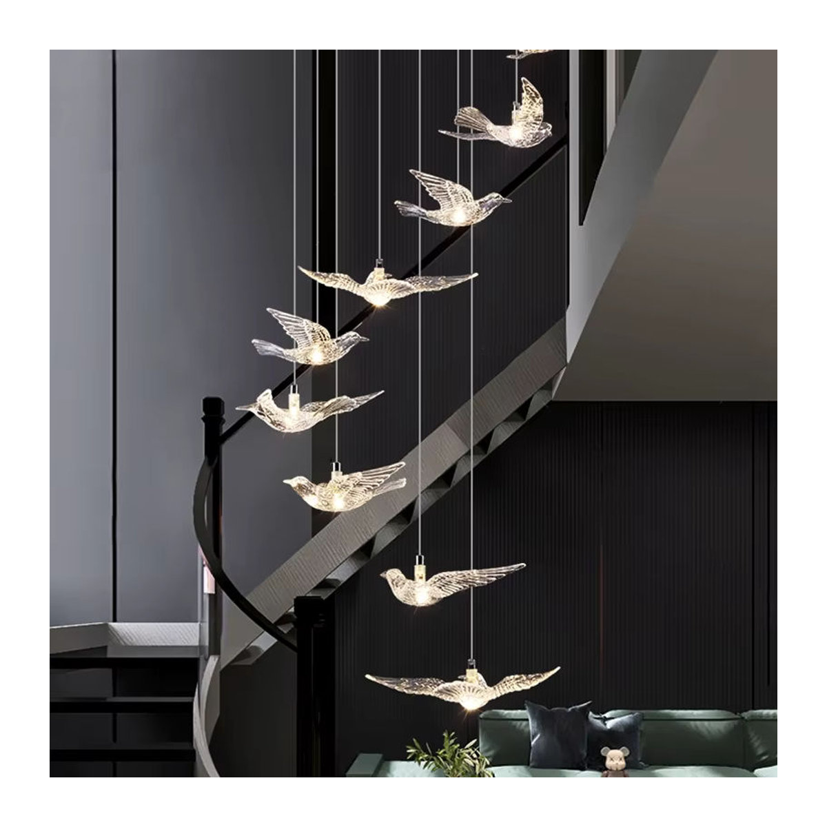 JIANKEXING Moderner LED Kronleuchter aus Glas und Metall in Chrom und Weiß mit Vogel-Design - Bild 3