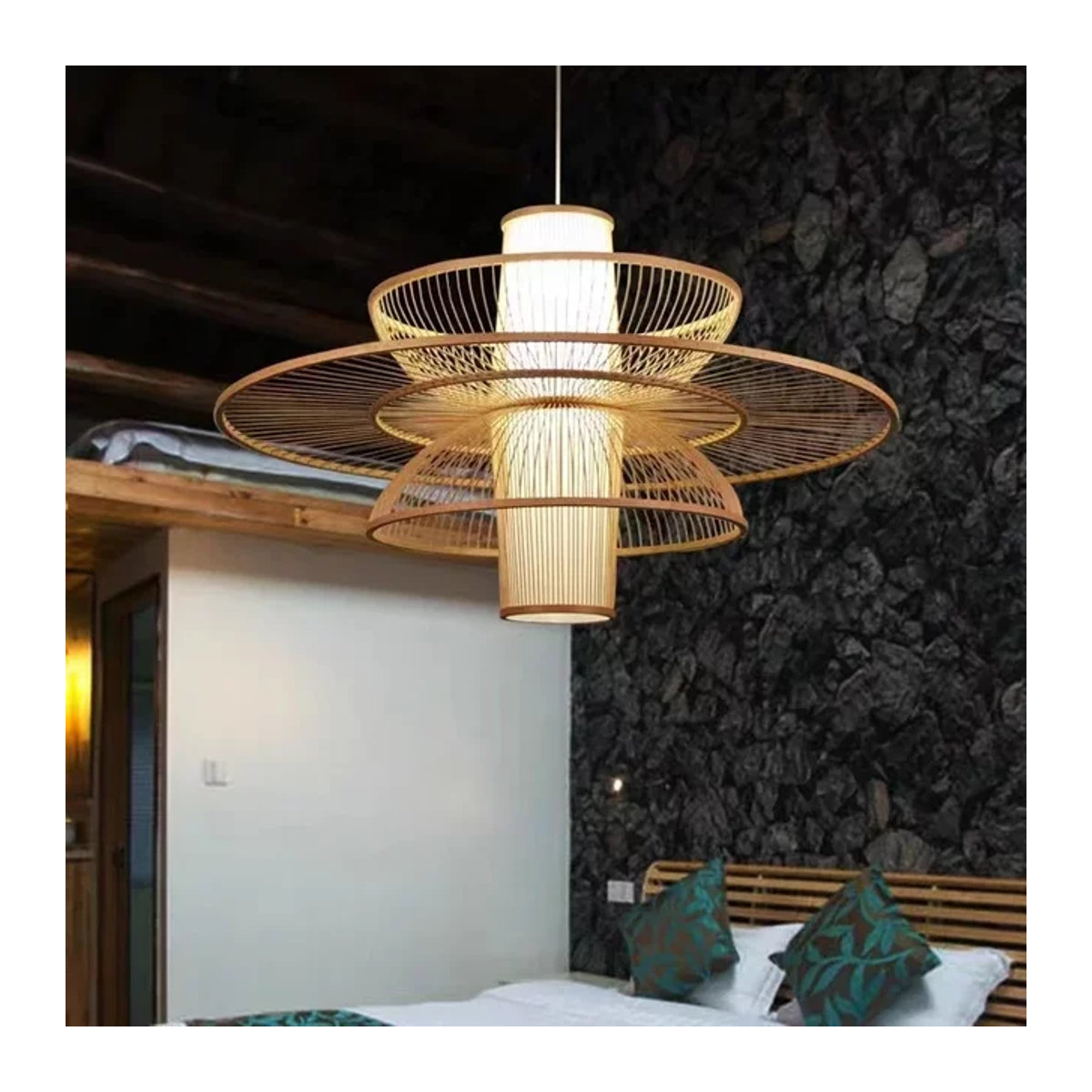 JIANKEXING Pendelleuchte aus Bambus und Rattan im japanischen Landhausstil, Natur und Schwarz - Bild 1
