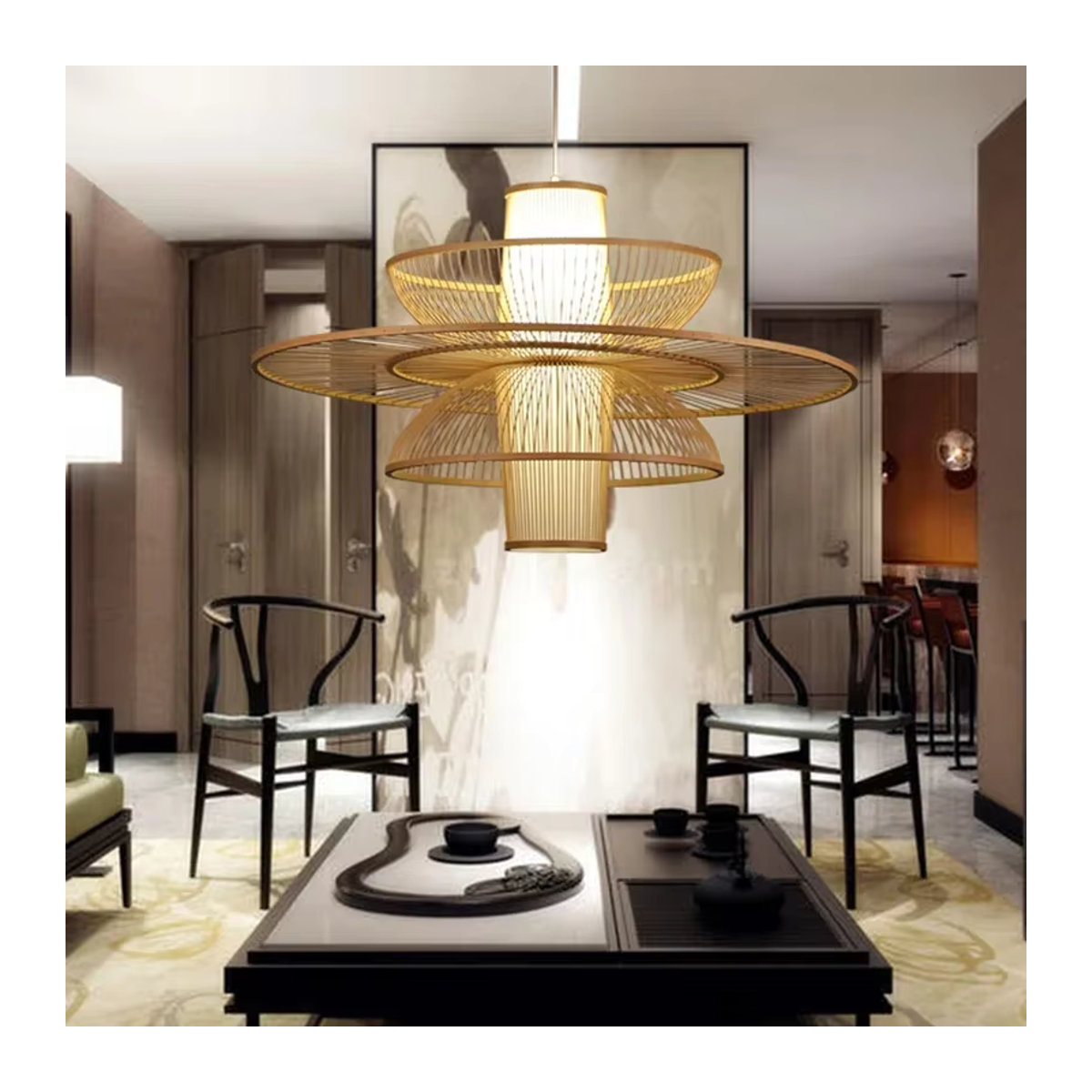 JIANKEXING Pendelleuchte aus Bambus und Rattan im japanischen Landhausstil, Natur und Schwarz - Bild 3