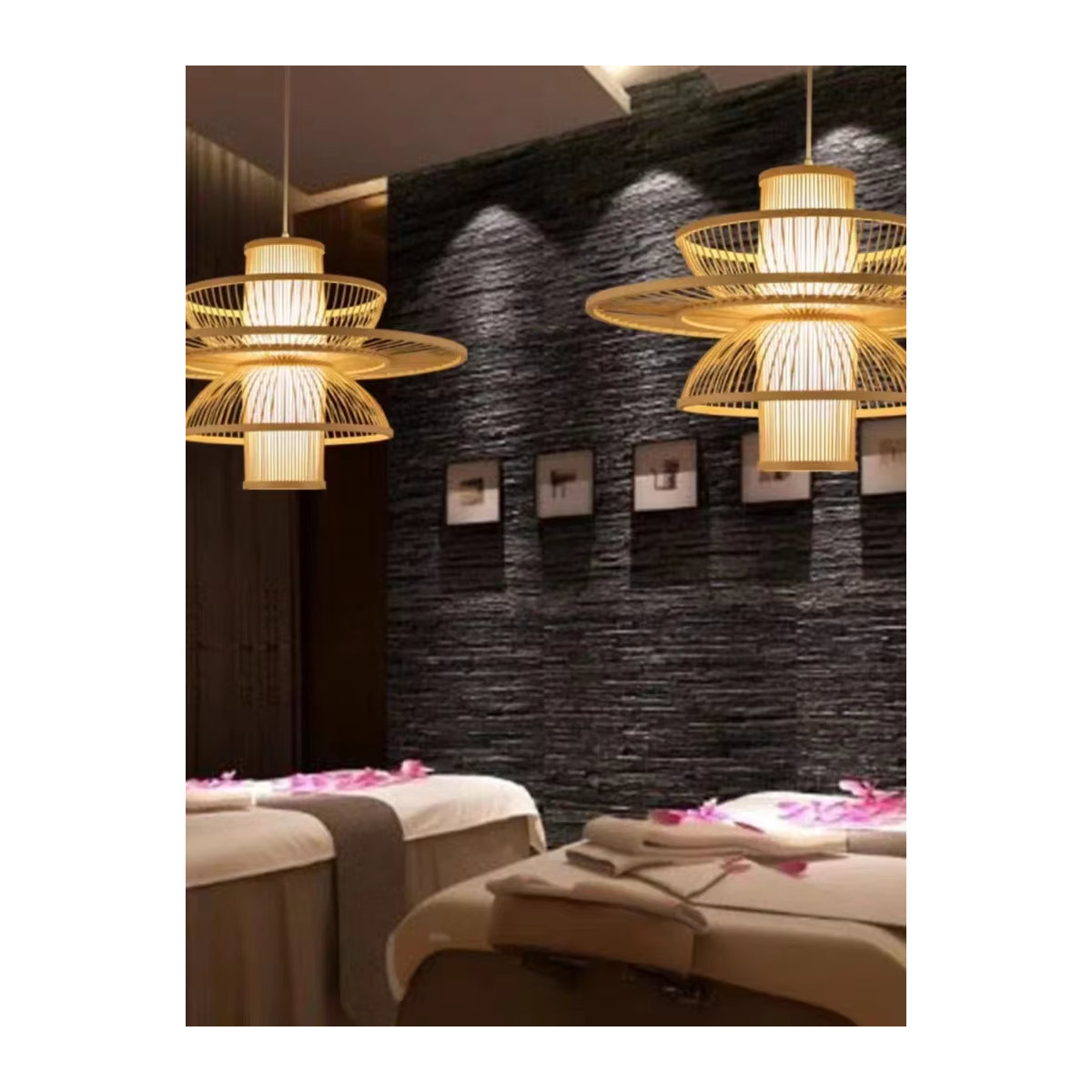 JIANKEXING Pendelleuchte aus Bambus und Rattan im japanischen Landhausstil, Natur und Schwarz - Bild 4
