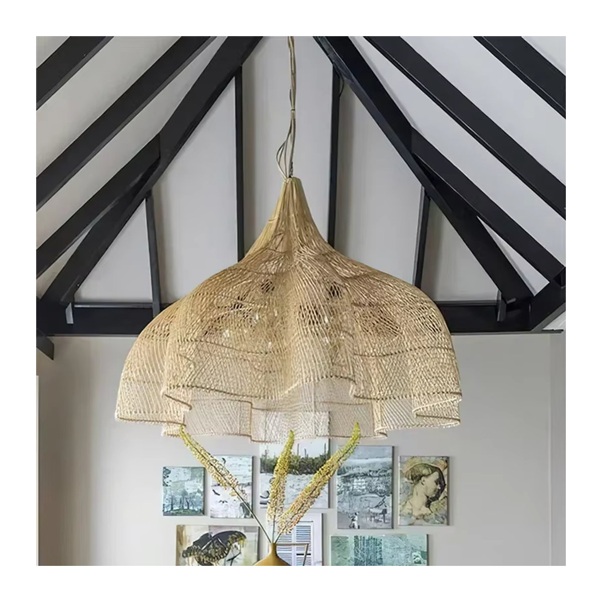 JIANKEXING Pendelleuchte aus Rattan im Retro-Bohemian-Stil mit LED, Braun - Bild 2