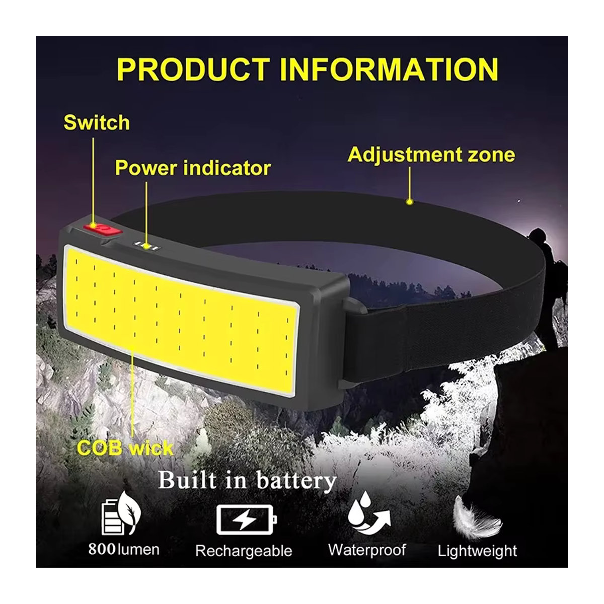 JIASHUAIXIN COB LED Scheinwerfer Kopf-Taschenlampe mit USB-C wiederaufladbarem Akku, wasserdichte Camping-Leuchte für Outdoor und Angeln - Bild 2