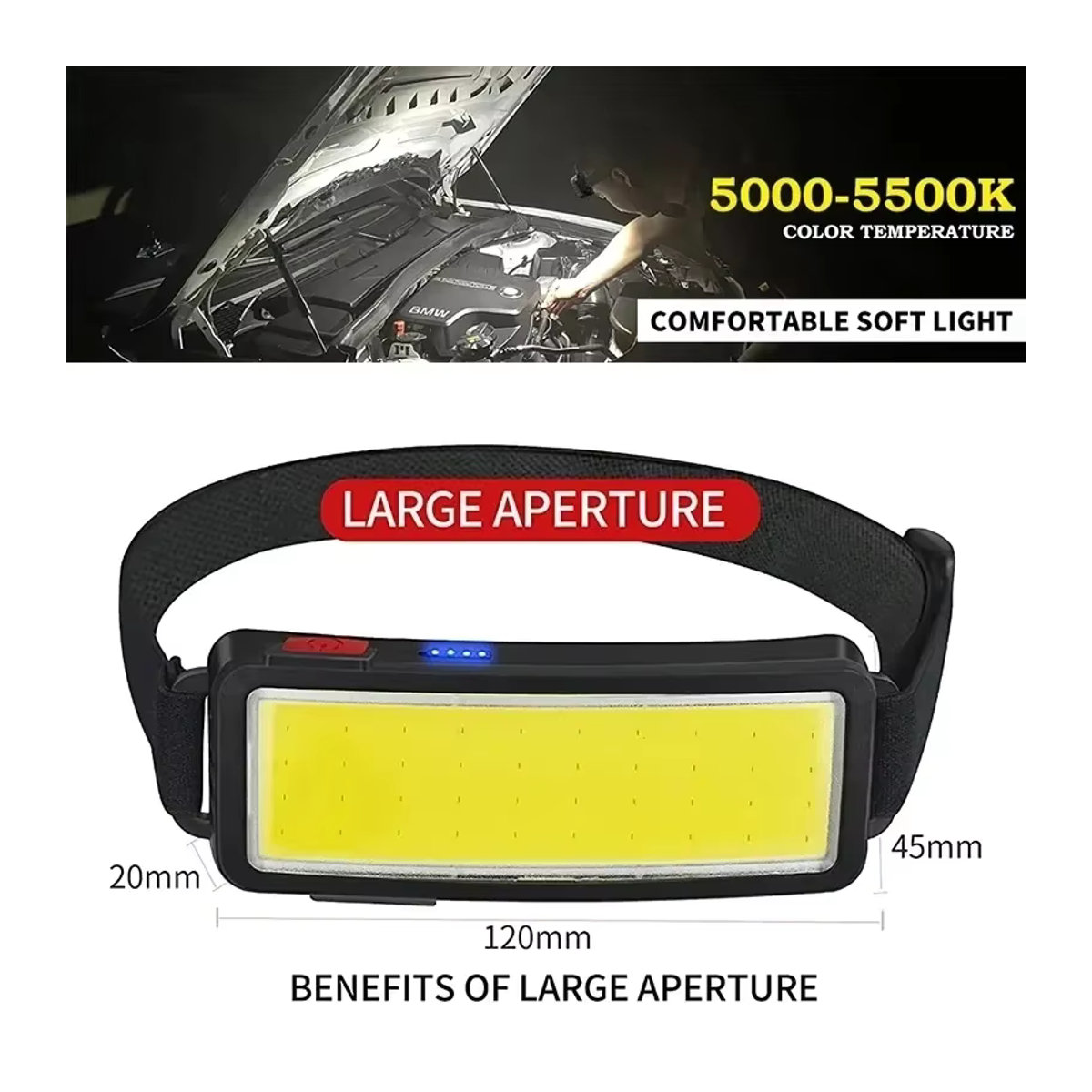 JIASHUAIXIN COB LED Scheinwerfer Kopf-Taschenlampe mit USB-C wiederaufladbarem Akku, wasserdichte Camping-Leuchte für Outdoor und Angeln - Bild 6