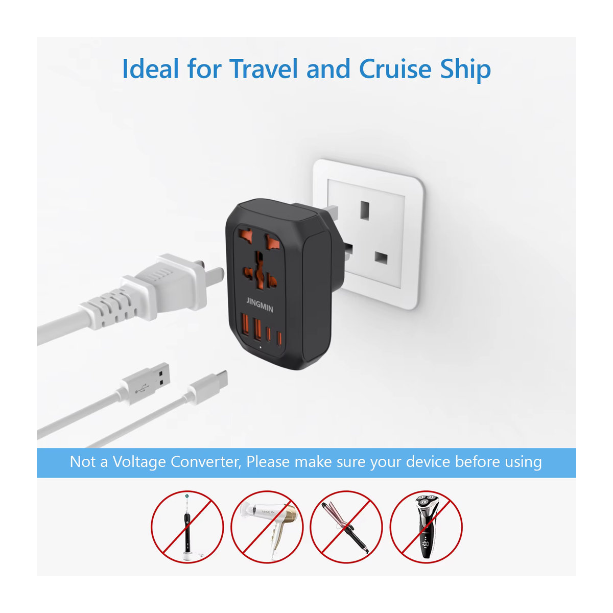 JINGMIN Universal Reiseadapter für EU, KR, CN, UK und US in Schwarz - Bild 2