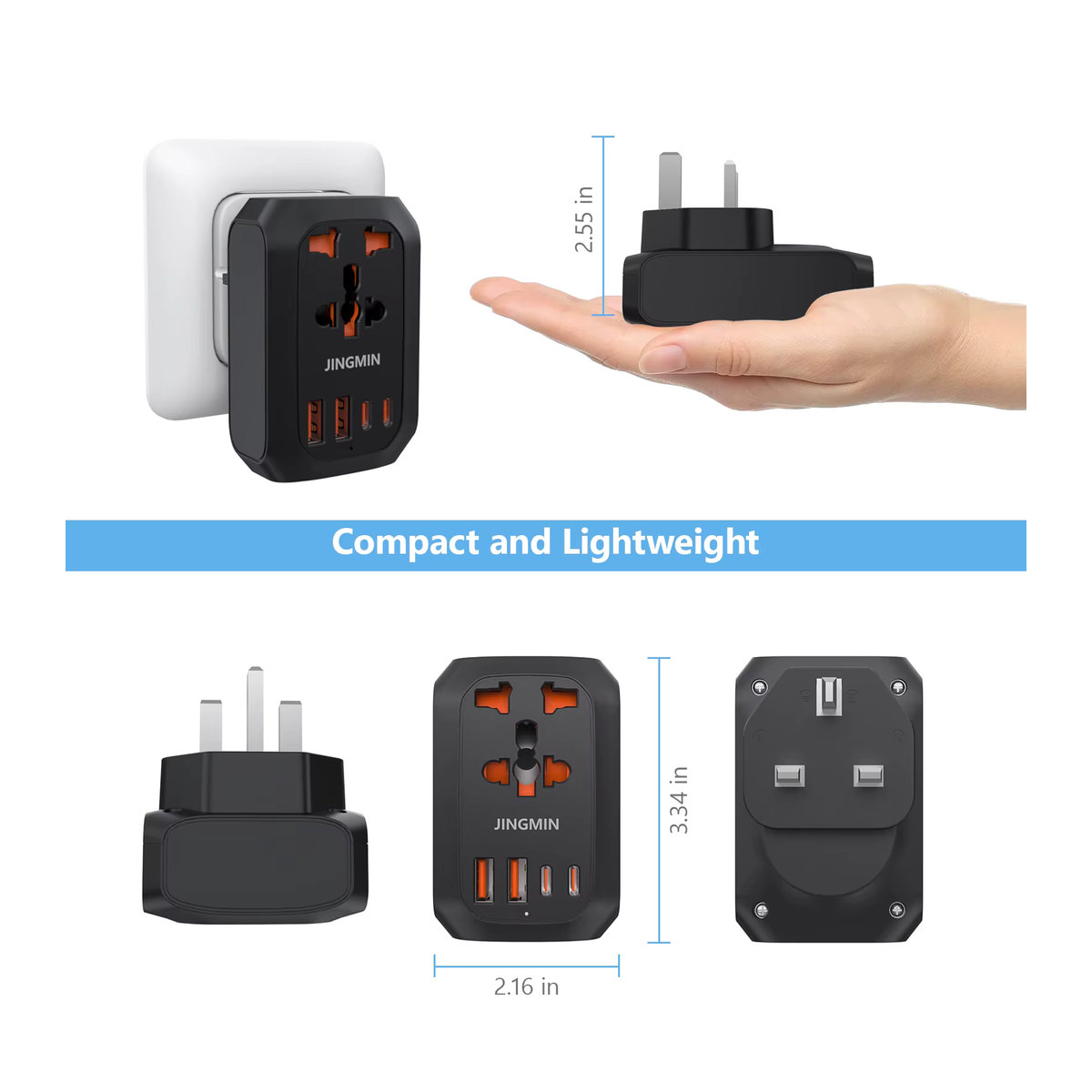 JINGMIN Universal Reiseadapter für EU, KR, CN, UK und US in Schwarz - Bild 4