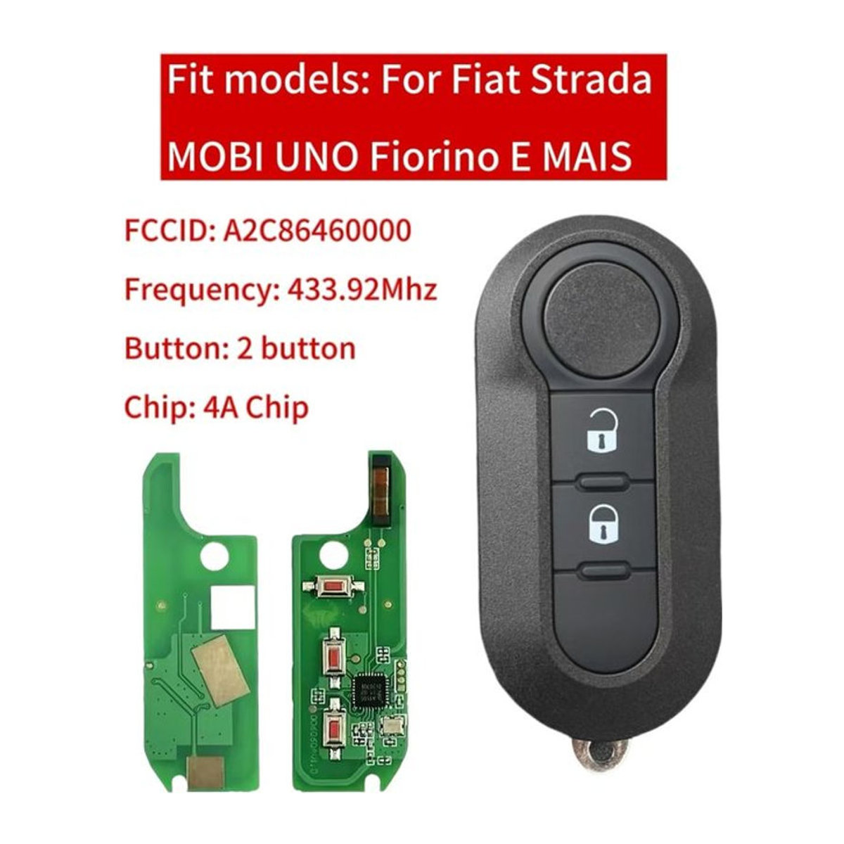 Jingxin Flip Remote Key Autoschlüssel mit 2/3 Tasten für Fiat Strada Mobi Uno Fiorino E Mais, HITAG AES 7945 4A Chip 433 MHz, Farbe: Schwarz - Bild 1