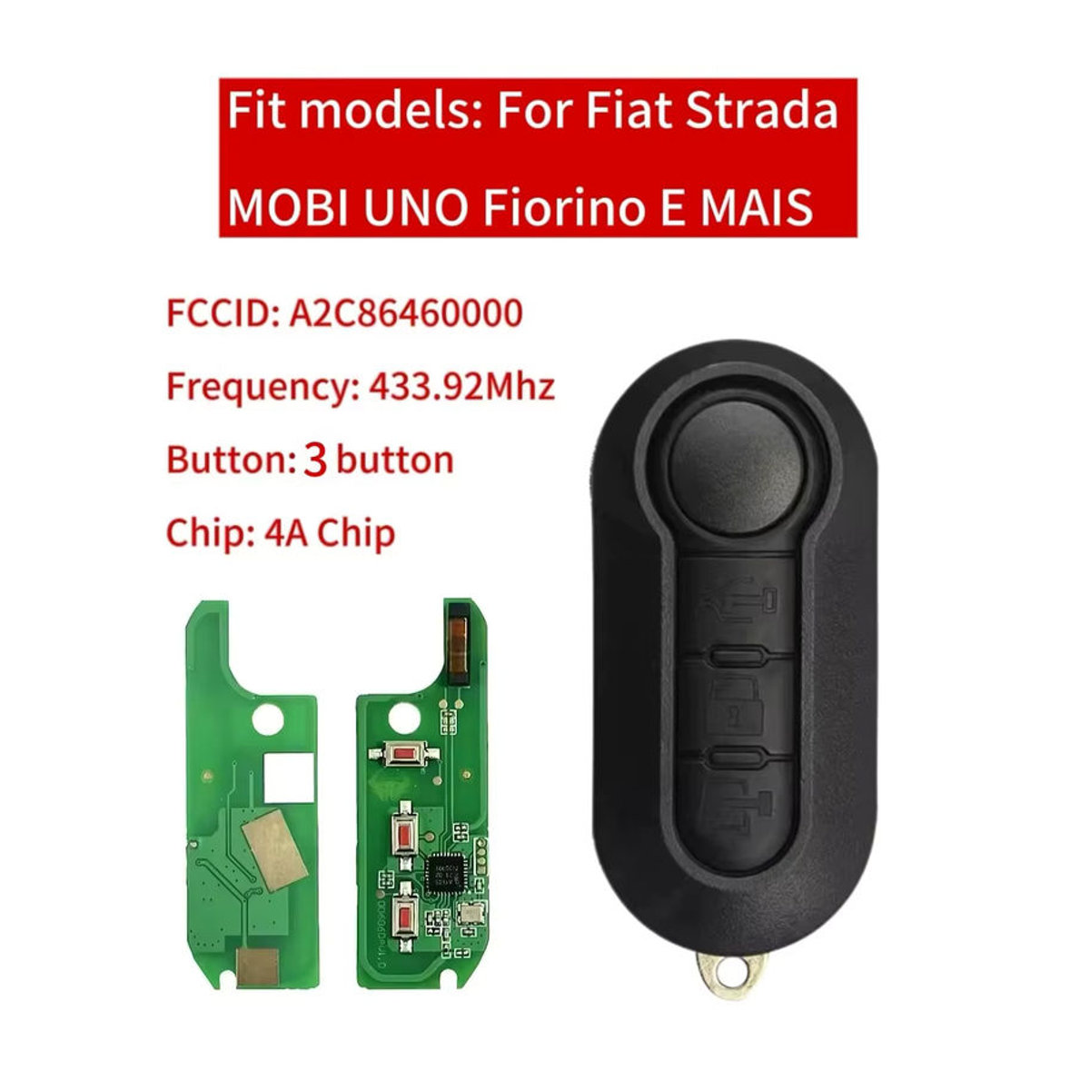 Jingxin Flip Remote Key Autoschlüssel mit 2/3 Tasten für Fiat Strada Mobi Uno Fiorino E Mais, HITAG AES 7945 4A Chip 433 MHz, Farbe: Schwarz - Bild 2
