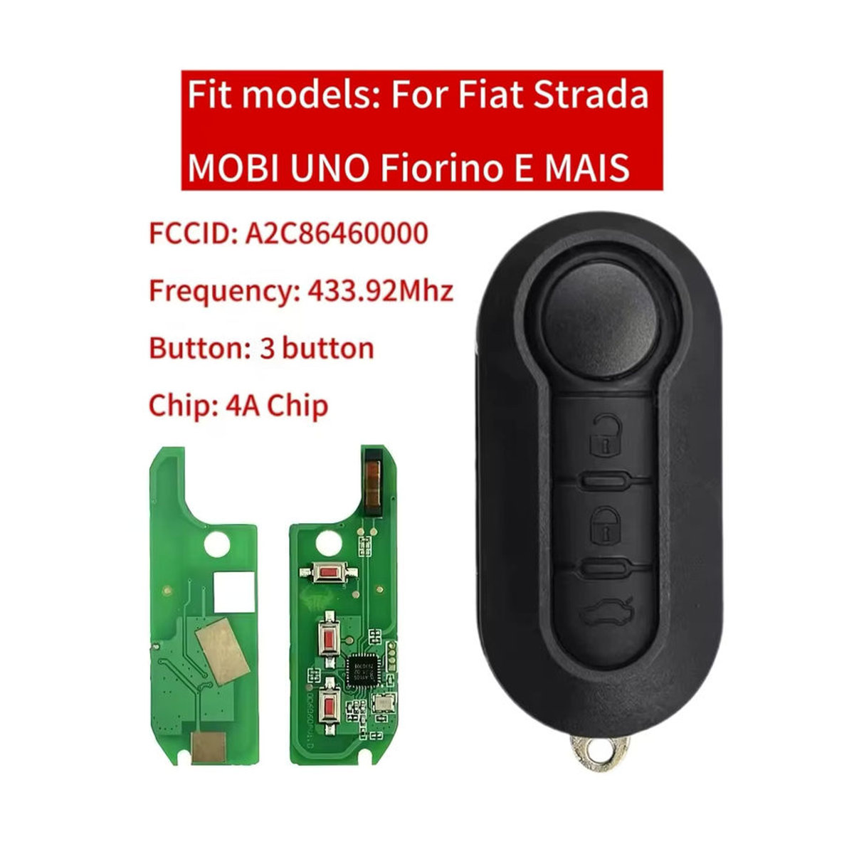 Jingxin Flip Remote Key Autoschlüssel mit 2/3 Tasten für Fiat Strada Mobi Uno Fiorino E Mais, HITAG AES 7945 4A Chip 433 MHz, Farbe: Schwarz - Bild 3