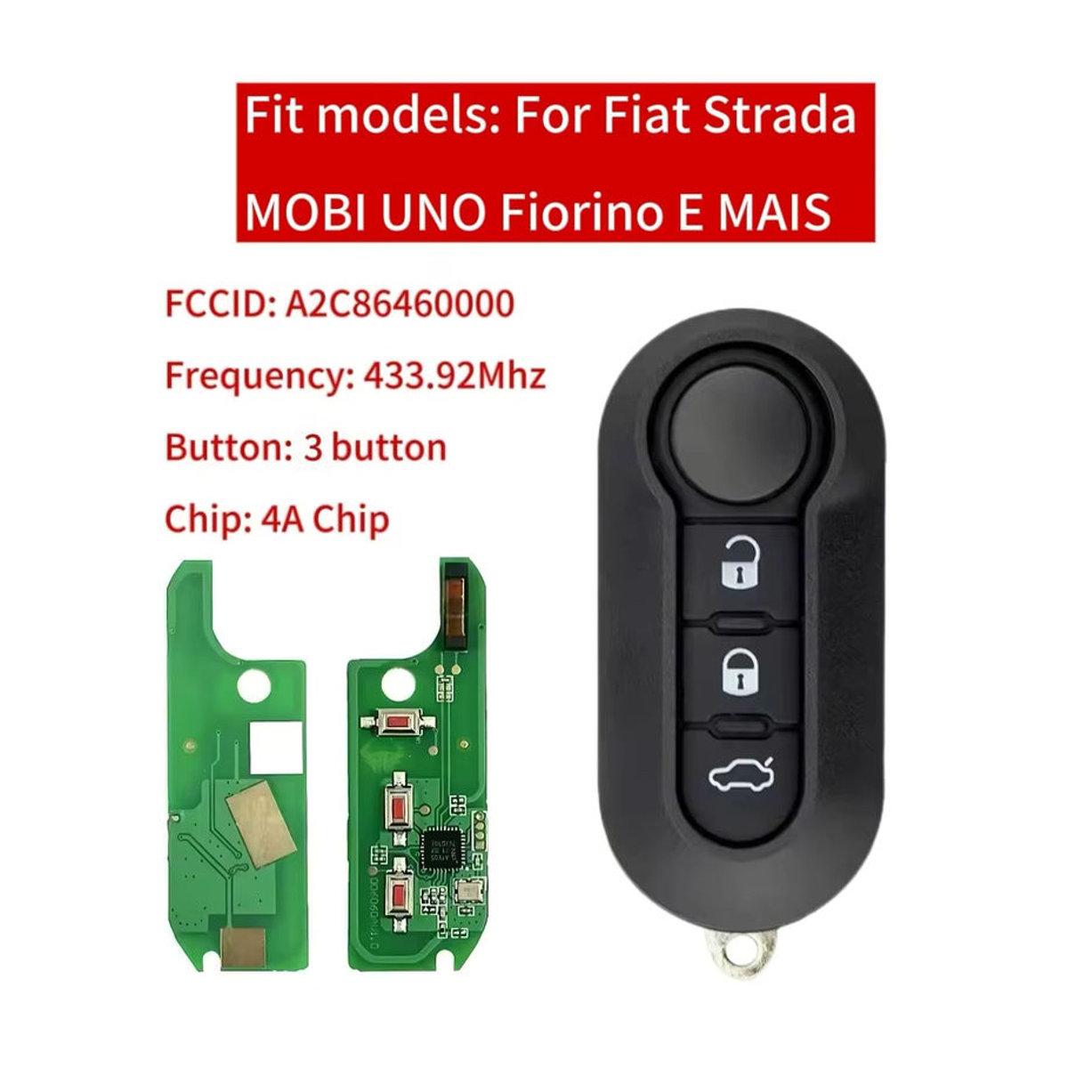 Jingxin Flip Remote Key Autoschlüssel mit 2/3 Tasten für Fiat Strada Mobi Uno Fiorino E Mais, HITAG AES 7945 4A Chip 433 MHz, Farbe: Schwarz - Bild 5