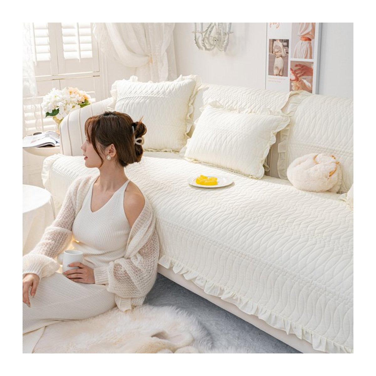 Jingyan Xijie Sofa Kissenbezug aus Stoff in Beige, rutschfest und universell für das Wohnzimmer - Bild 1