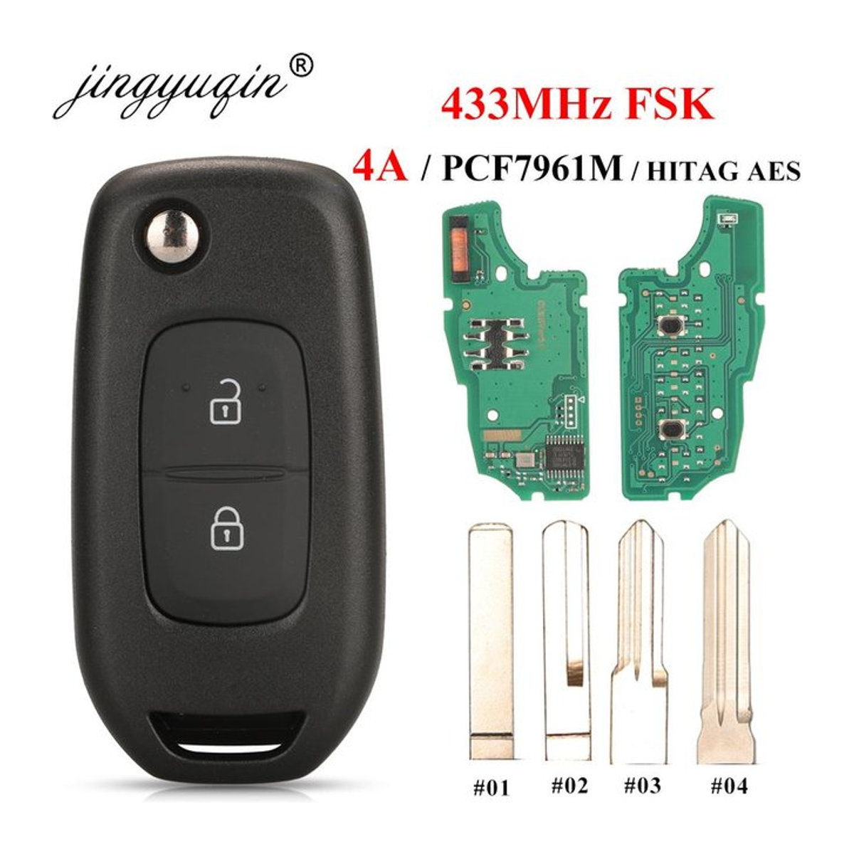 Jingyuqin Fernbedienung Auto Schlüssel mit 2 Tasten und 433 MHz PCF7961M 4A Chip für Renault Dacia Logan 2 II, Schwarz - Bild 1