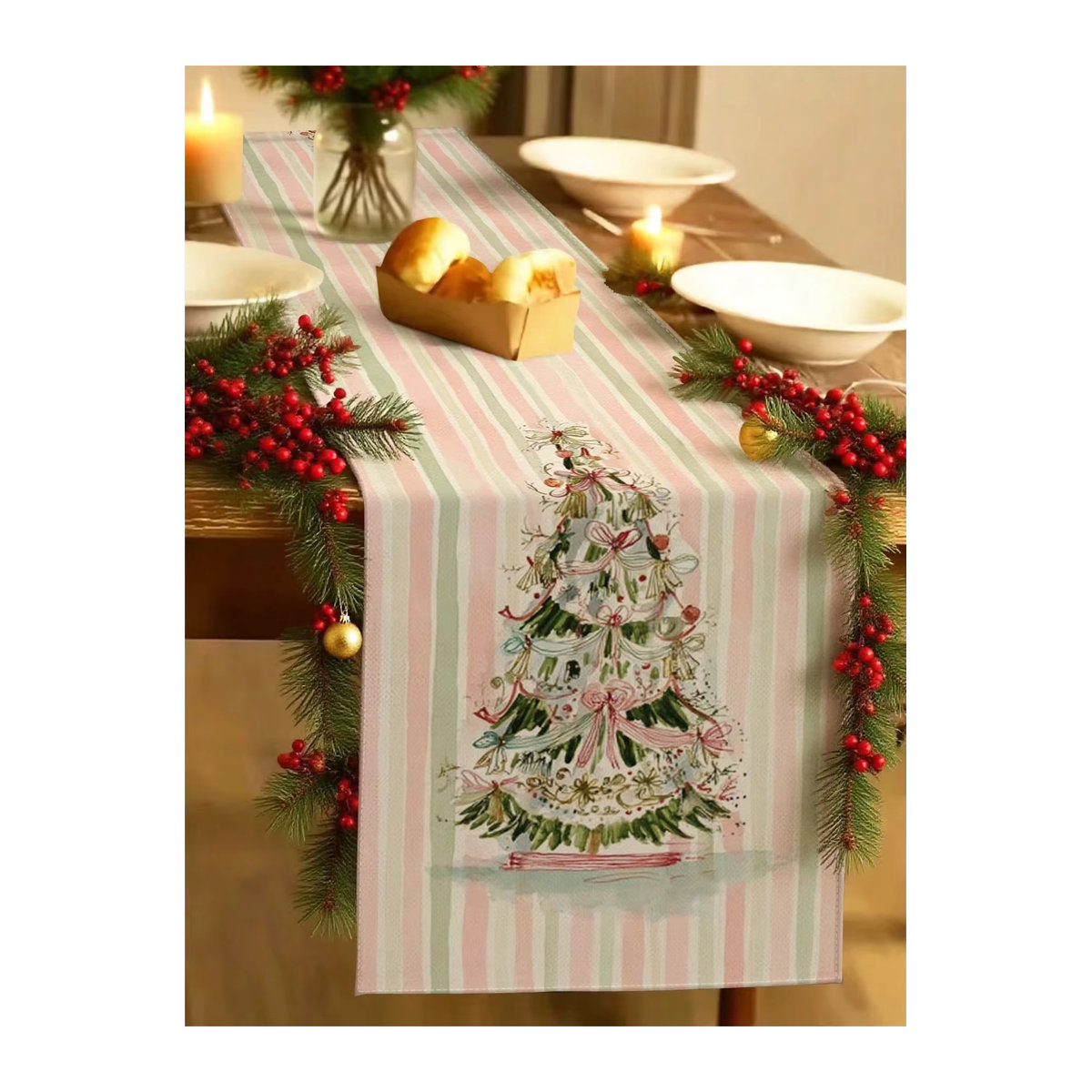 JIT Tischläufer mit Weihnachtsbaum-Motiv in Rosa und Grün für deine Weihnachtsdekoration - Bild 2