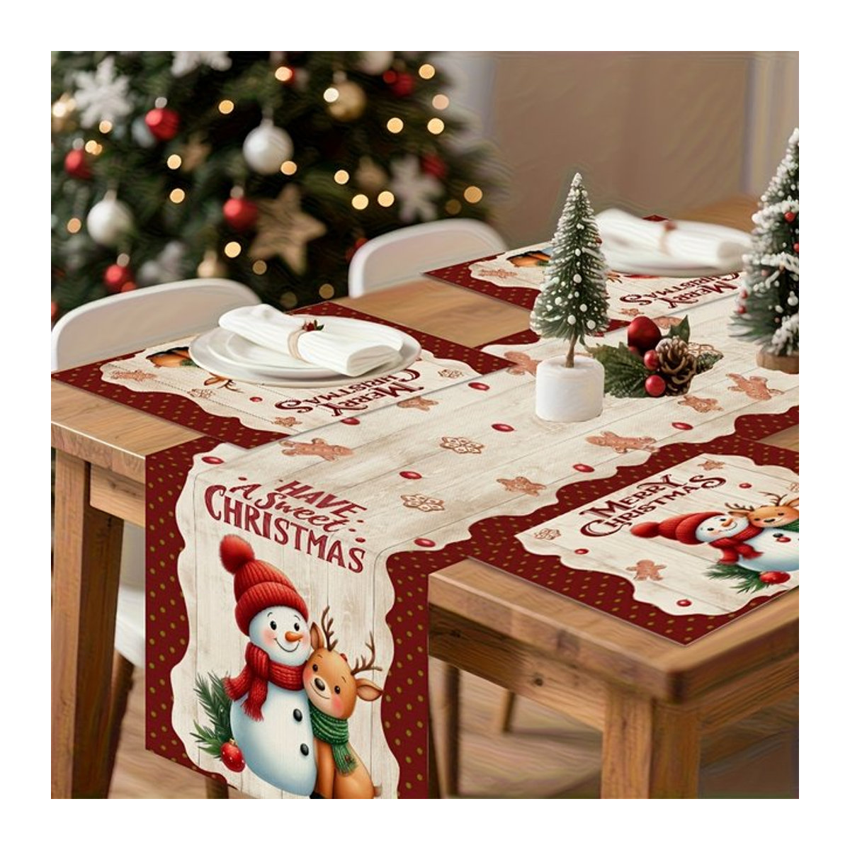 JIT Weihnachts-Tischläufer mit Schneemann- und Hirsch-Motiv in Weiß - Bild 1