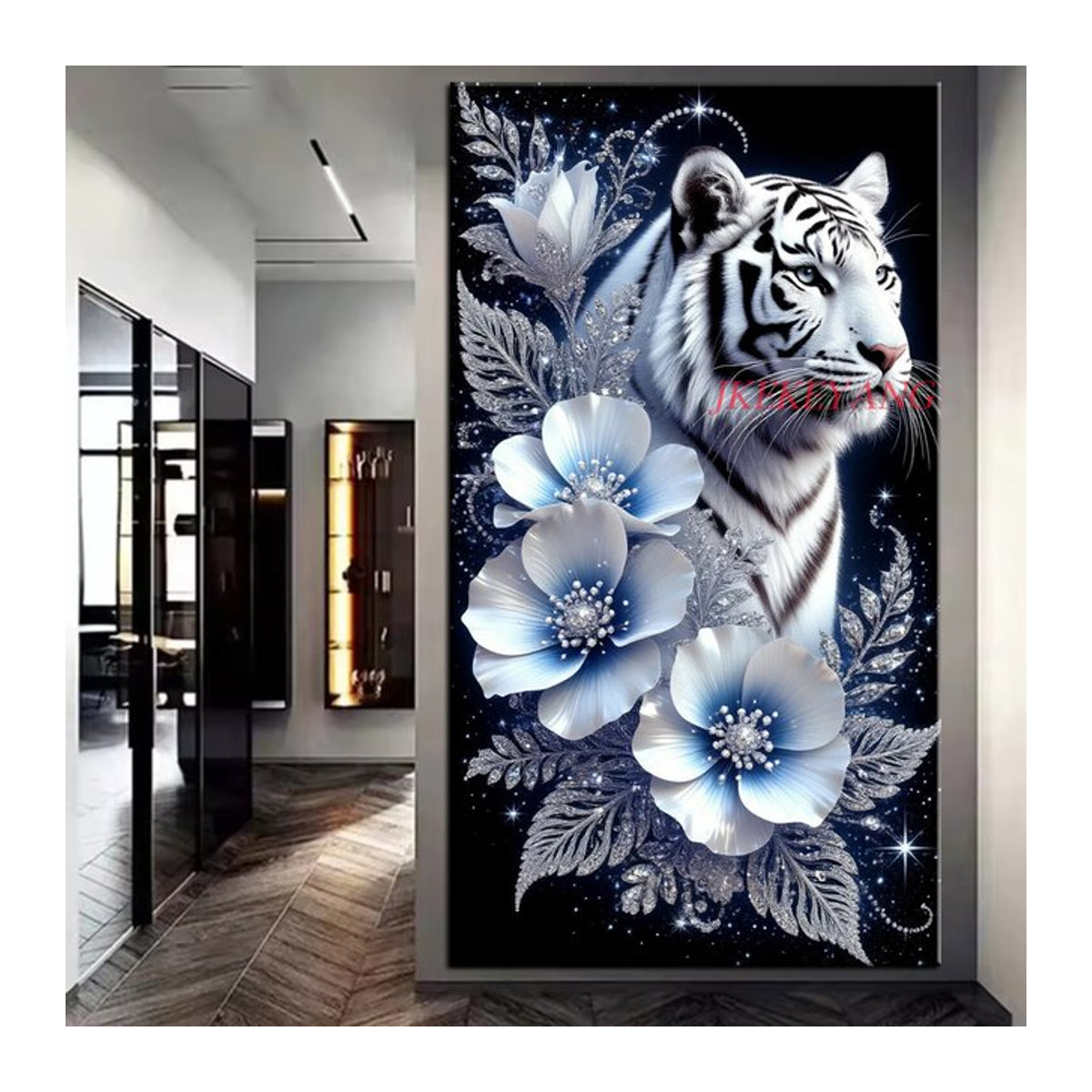 JKEKEYANG Diamantgemälde Tiger und Blumen in Weiß als Diamantmosaik zum Selbermachen mit vollen Bohrern - Bild 1