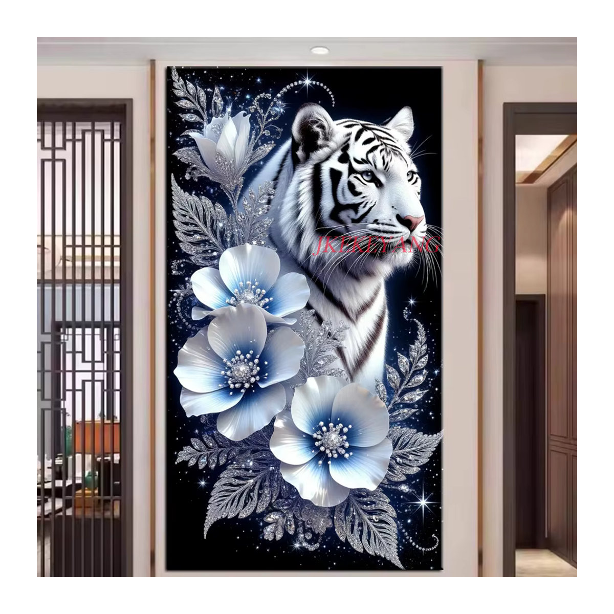 JKEKEYANG Diamantgemälde Tiger und Blumen in Weiß als Diamantmosaik zum Selbermachen mit vollen Bohrern - Bild 2