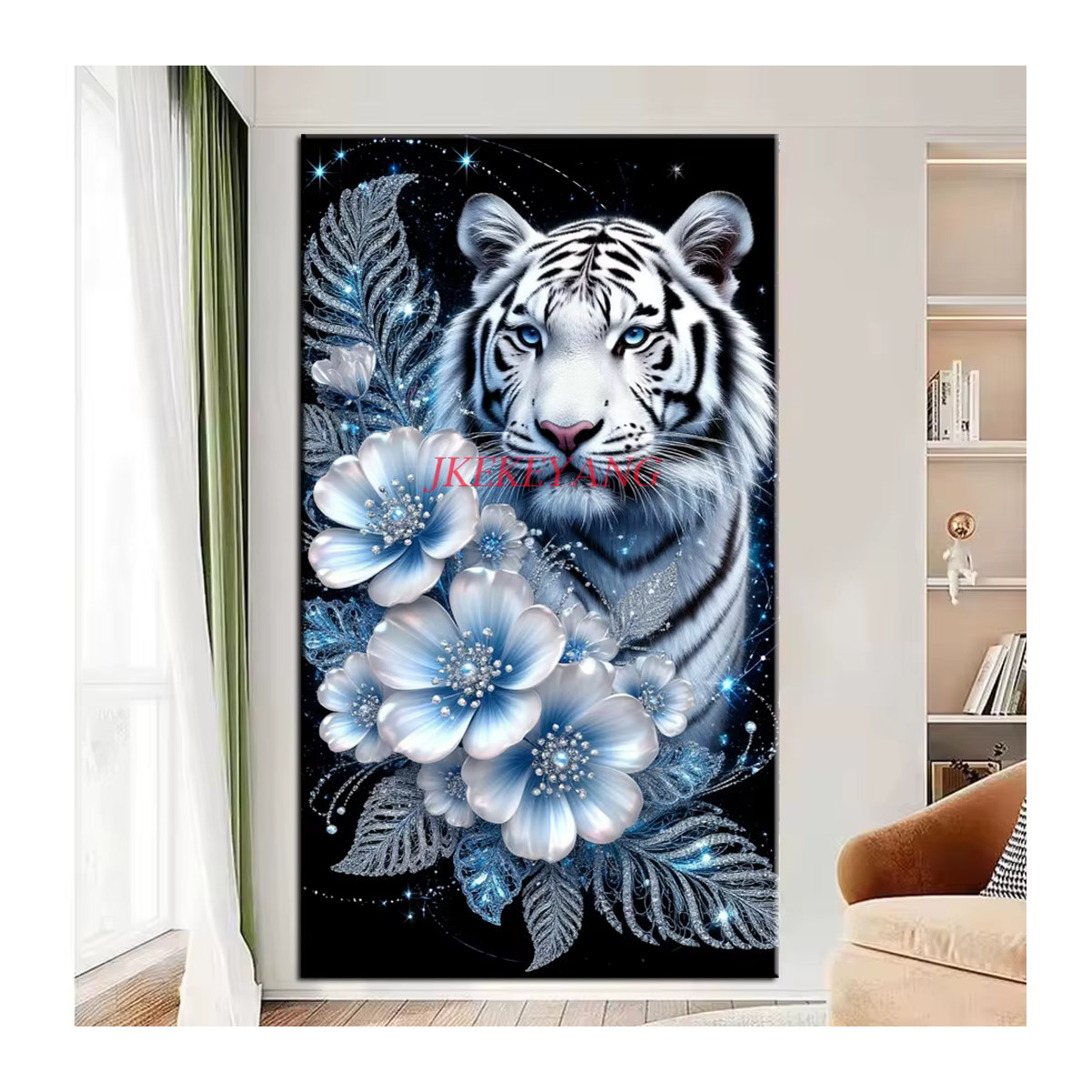 JKEKEYANG Diamantgemälde Tiger und Blumen in Weiß als Diamantmosaik zum Selbermachen mit vollen Bohrern - Bild 3