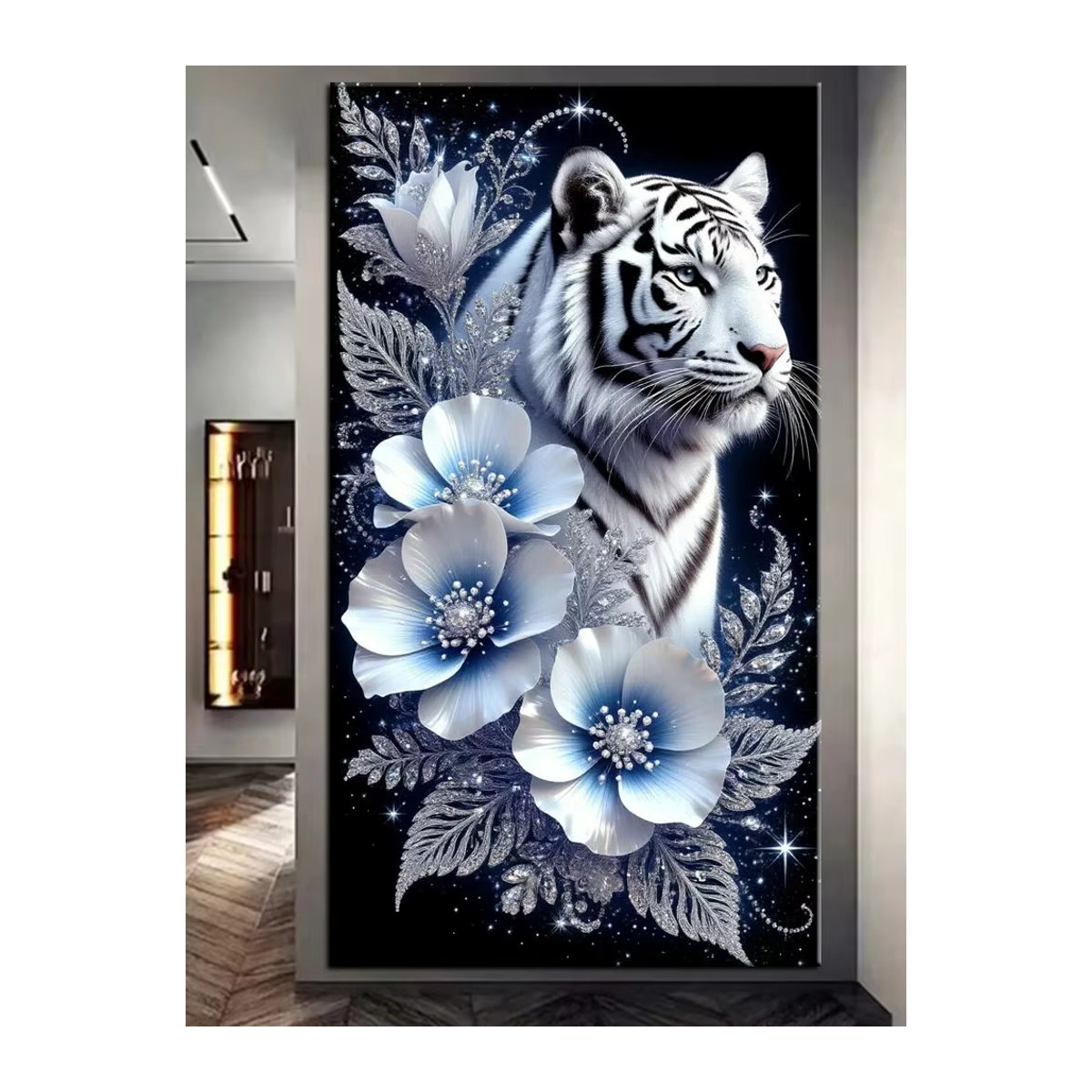 JKEKEYANG Diamantgemälde Tiger und Blumen in Weiß als Diamantmosaik zum Selbermachen mit vollen Bohrern - Bild 4