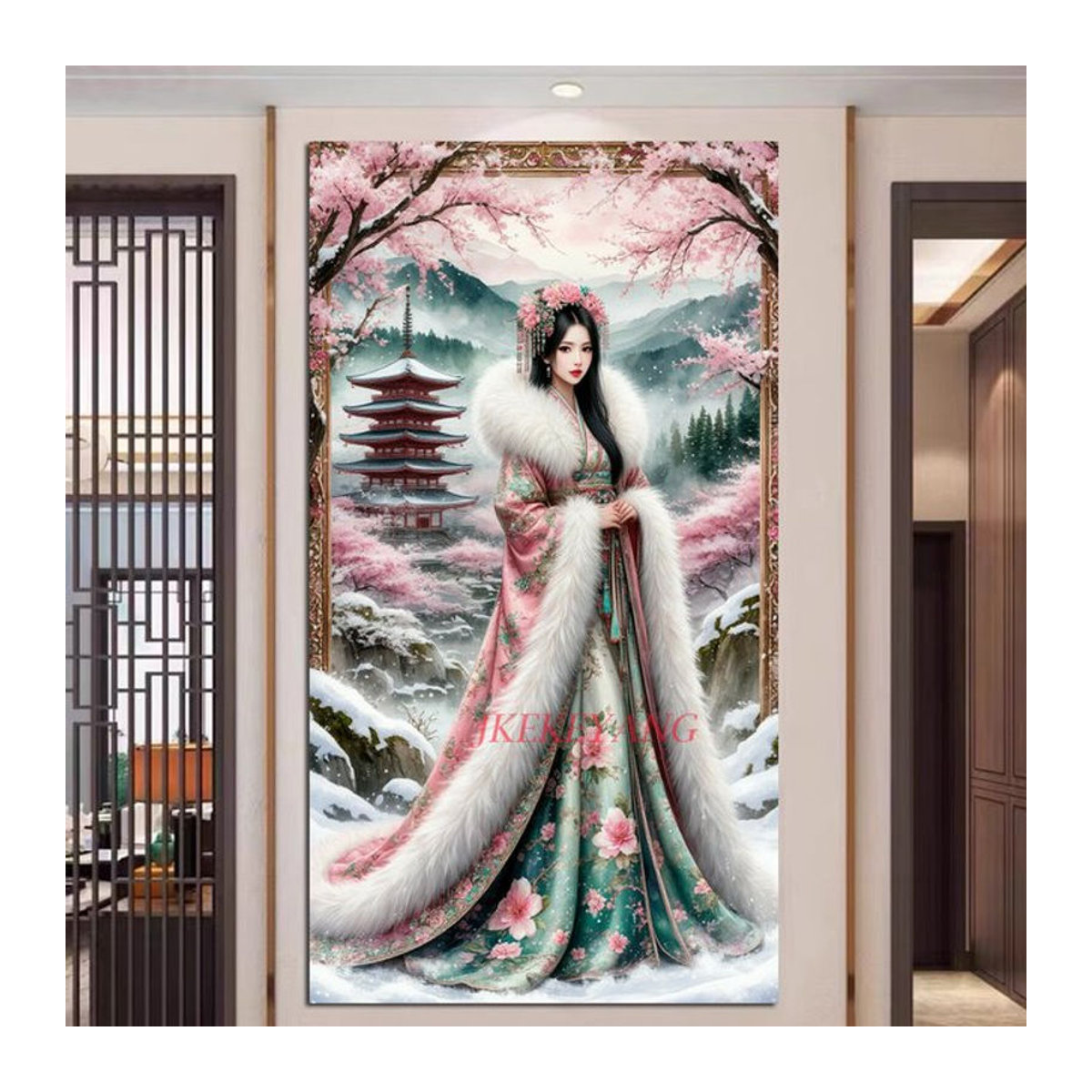 JKEKEYANG DIY Diamantgemälde Geisha mit Blumen, mehrfarbiges Diamantmosaik im Hochformat zur Wandmontage, B/H: 40 x 40 cm - Bild 1